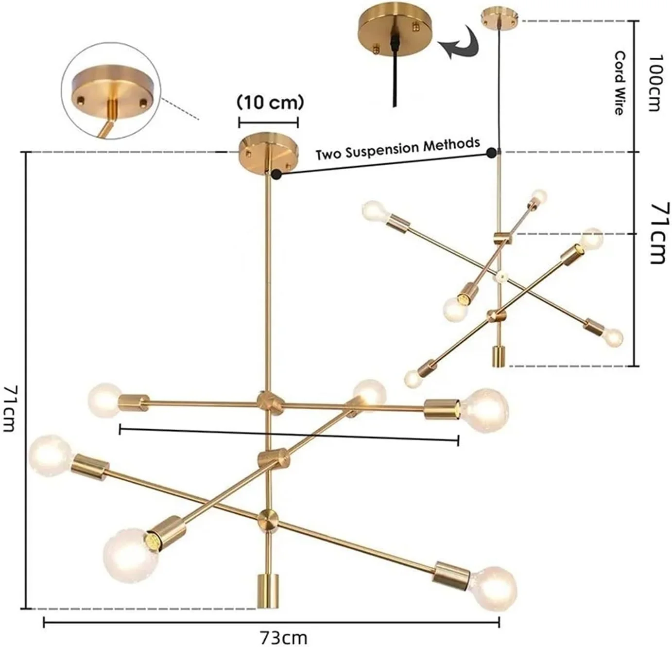 لوستر مدرن اسکاندیناویایی میله بلند دکوراتیو E27 - مناسب اتاق خواب، ناهارخوری، اتاق نشیمن، لامپ لوبیای سحرآمیز، برای اتاق نشیمن، نور سه رنگ - طلایی - 6 شاخه