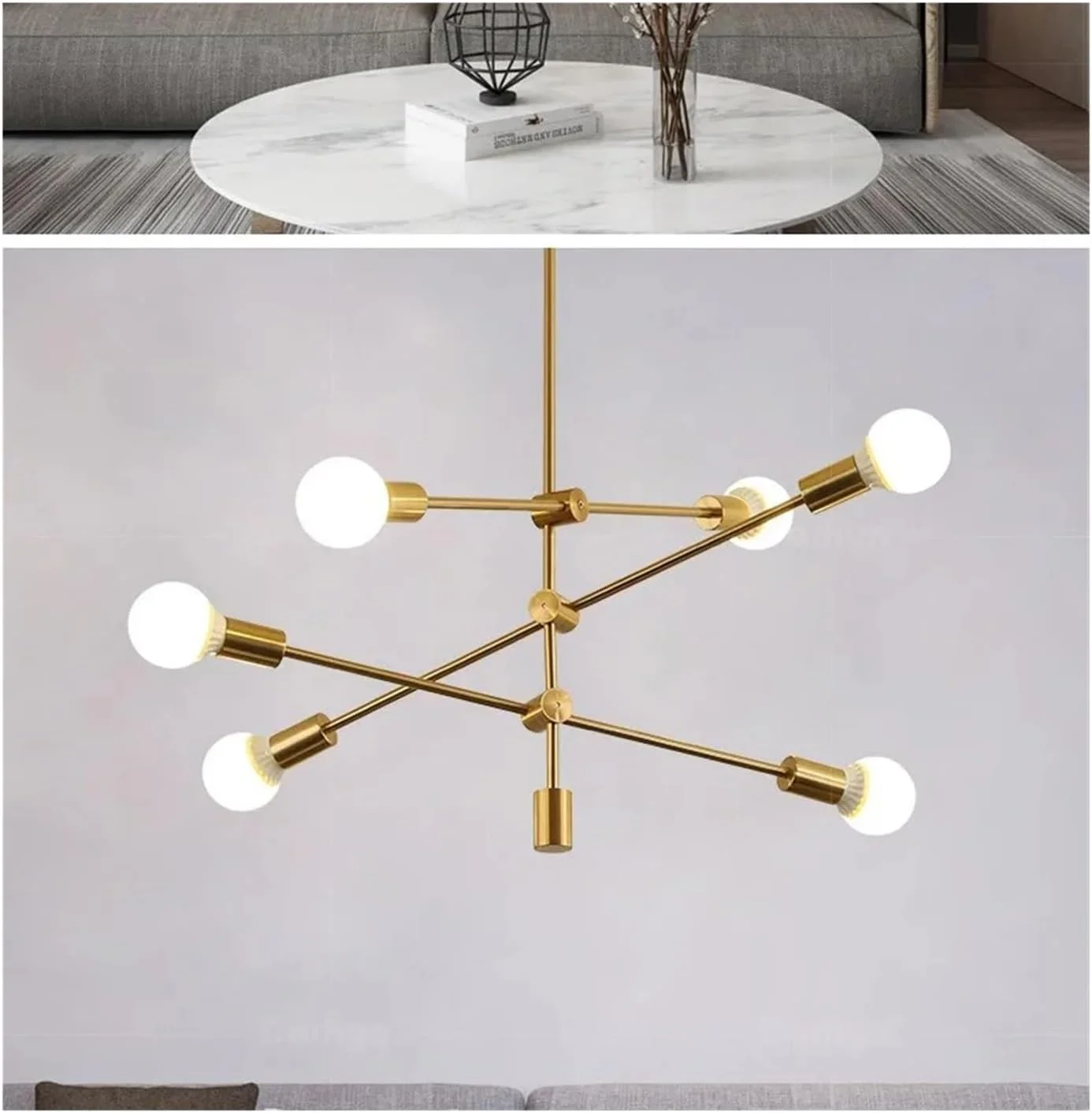 لوستر مدرن اسکاندیناویایی میله بلند دکوراتیو E27 - مناسب اتاق خواب، ناهارخوری، اتاق نشیمن، لامپ لوبیای سحرآمیز، برای اتاق نشیمن، نور سه رنگ - طلایی - 6 شاخه