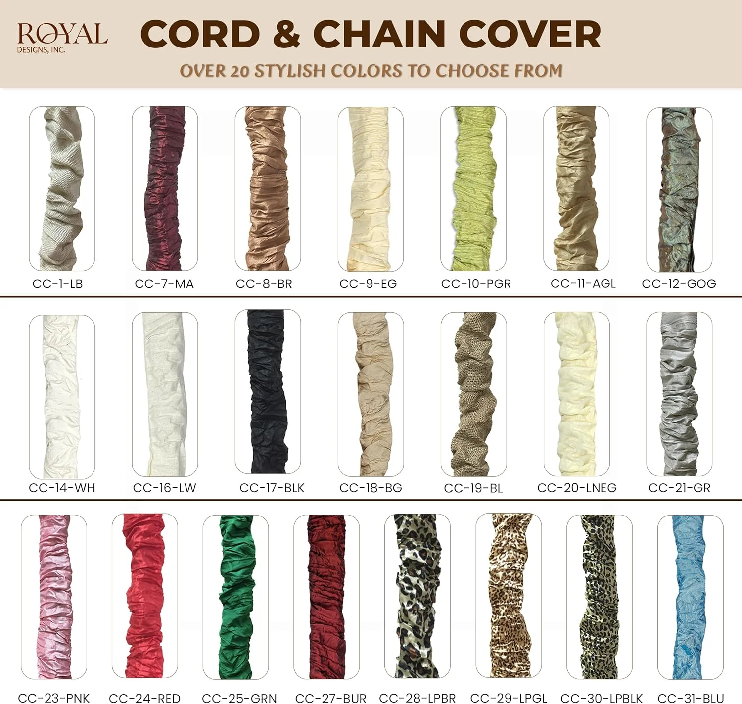 روکش سیم و زنجیر رویال دیزاینز مدل CC-16-LW سفید 120 سانتی متری پارچه کتانی با بست چسبی، سفید کتانی