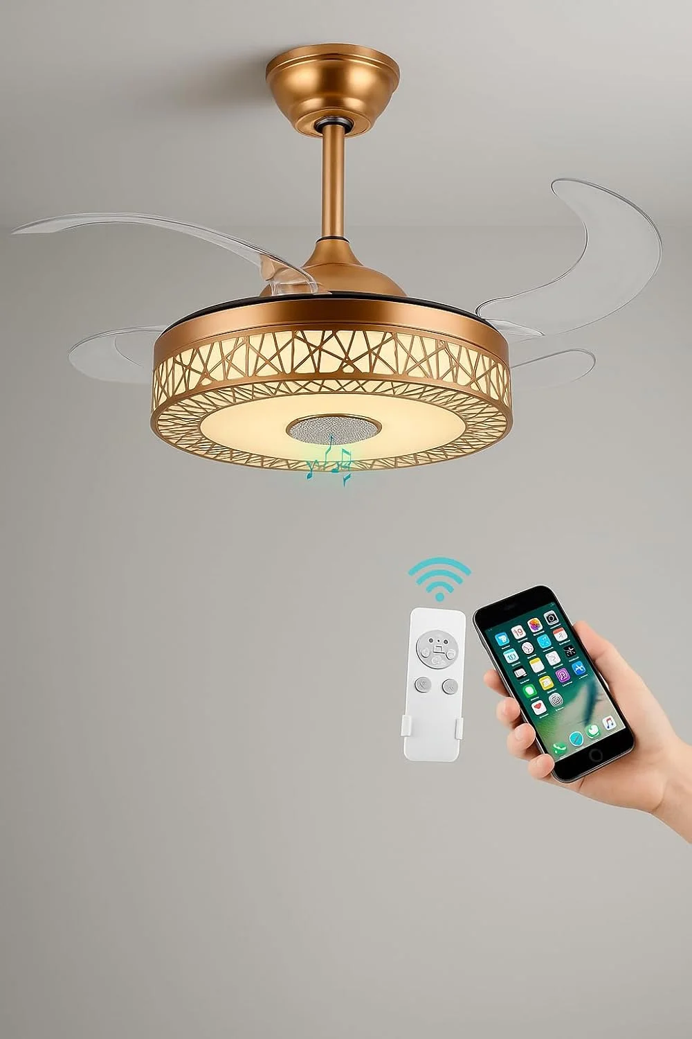 پنکه سقفی تاشو مدرن با چراغ و بلندگوی بلوتوث، لوستر ال ای دی 42 اینچی با قابلیت تنظیم نور، پنکه سقفی هوشمند با کنترل از راه دور و اپلیکیشن، روکش طلایی، مناسب اتاق نشیمن یا اتاق خواب (طلایی)