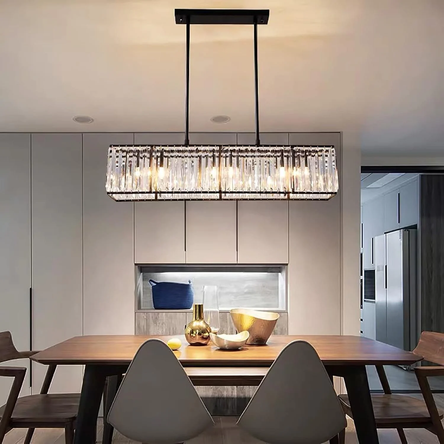 لوستر کریستالی مستطیلی برای اتاق ناهارخوری، چراغ آویز کریستالی لوکس 4 شاخه، چراغ آویز کریستالی خطی مدرن برای جزیره آشپزخانه - مشکی 80X35C