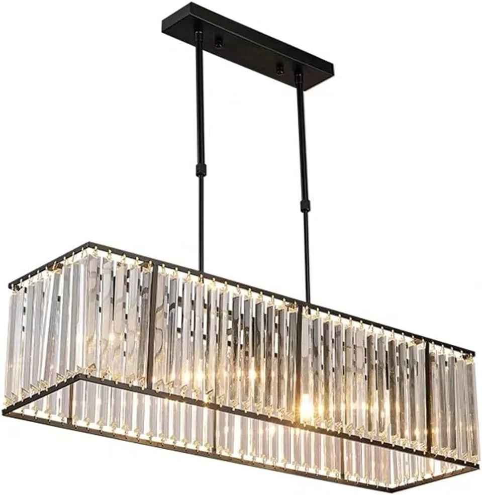 لوستر کریستالی مستطیلی مشکی، چراغ سقفی کریستالی مستطیلی مدرن 4-شاخه، لوستر آویز کریستالی مشکی مناسب جزیره آشپزخانه، اتاق غذاخوری