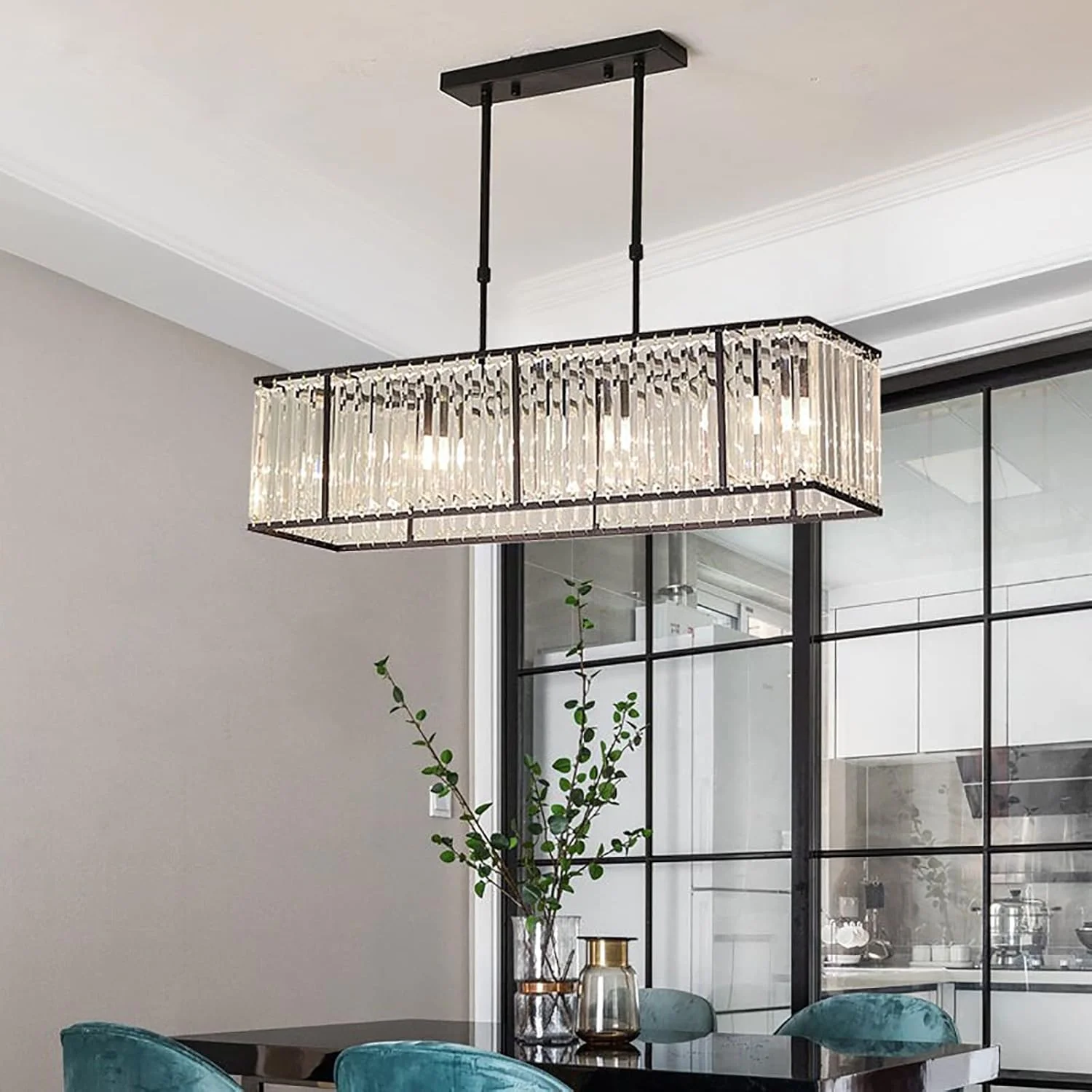 لوستر کریستالی مستطیلی برای اتاق ناهارخوری، چراغ آویز کریستالی لوکس 4 شاخه، چراغ آویز کریستالی خطی مدرن برای جزیره آشپزخانه - مشکی 80X35C