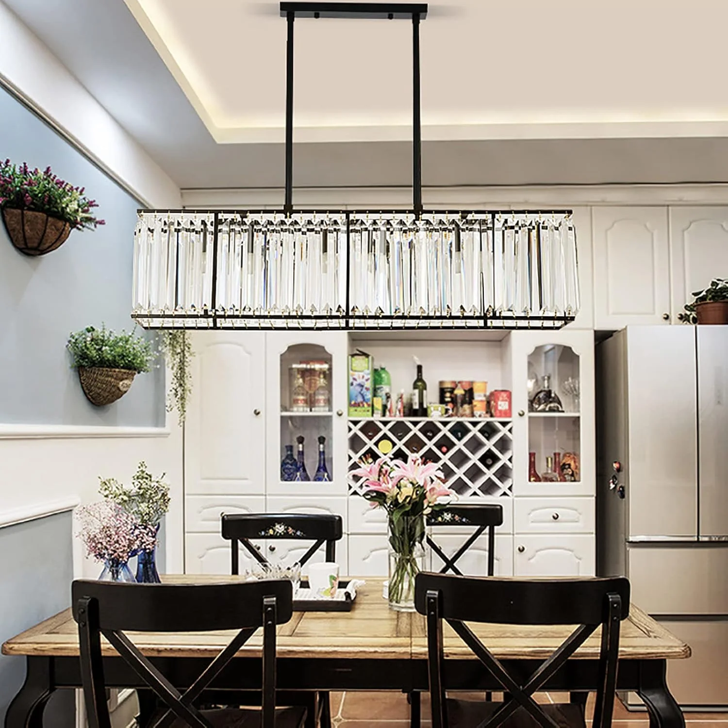 لوستر کریستالی مستطیلی برای اتاق ناهارخوری، چراغ آویز کریستالی لوکس 4 شاخه، چراغ آویز کریستالی خطی مدرن برای جزیره آشپزخانه - مشکی 80X35C