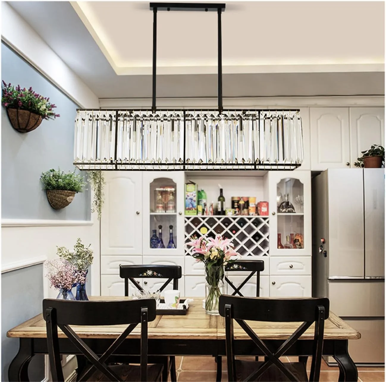 لوستر کریستالی مستطیلی مشکی، چراغ سقفی کریستالی مستطیلی مدرن 4-شاخه، لوستر آویز کریستالی مشکی مناسب جزیره آشپزخانه، اتاق غذاخوری