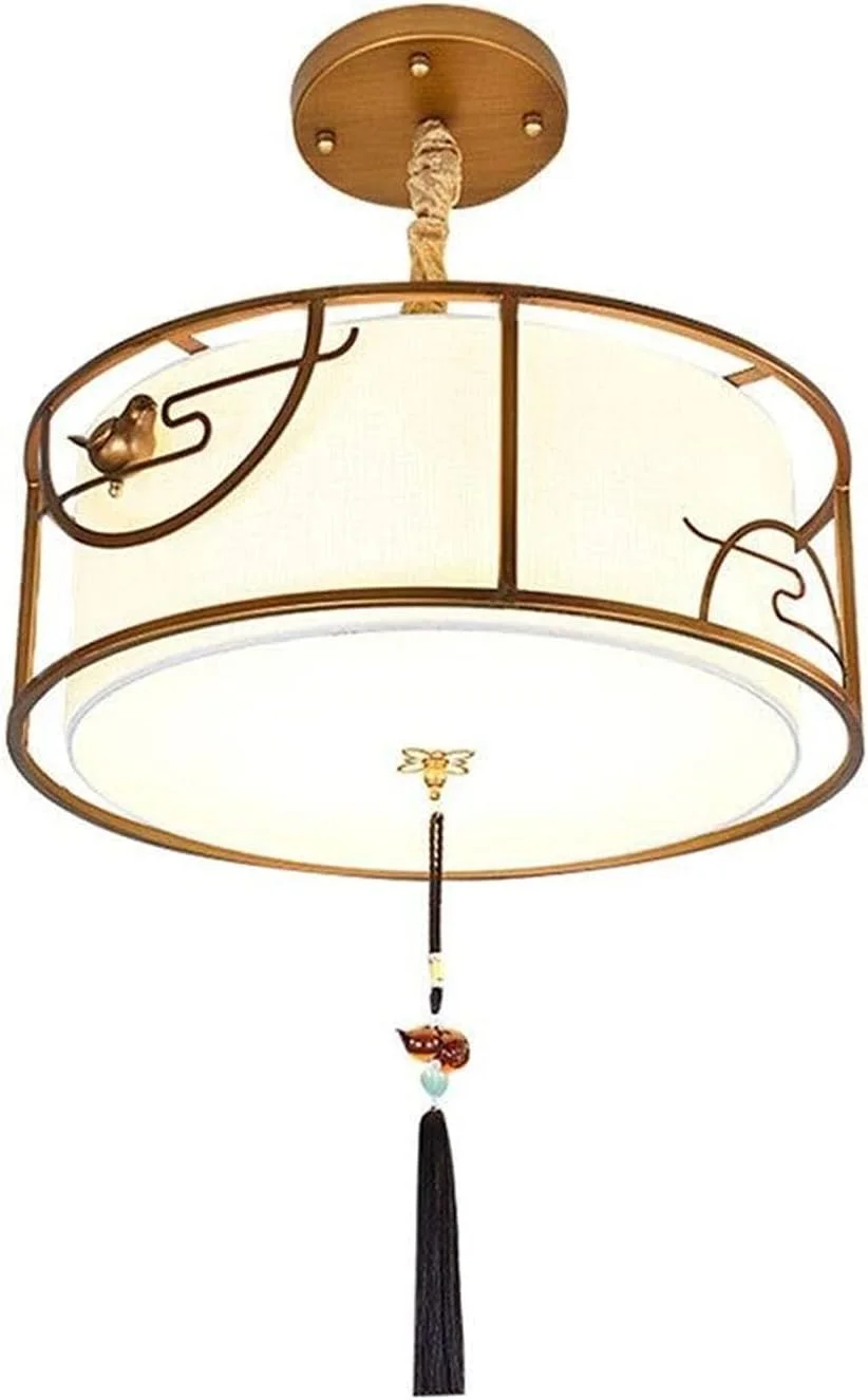 لوستر برنزی/آهنی پارچه ای رستوران چینی، مناسب اتاق نشیمن دایره ای، اتاق خواب اصلی، روشنایی اتاق، 3 عدد لامپ E27، طراحی شیک و ساده