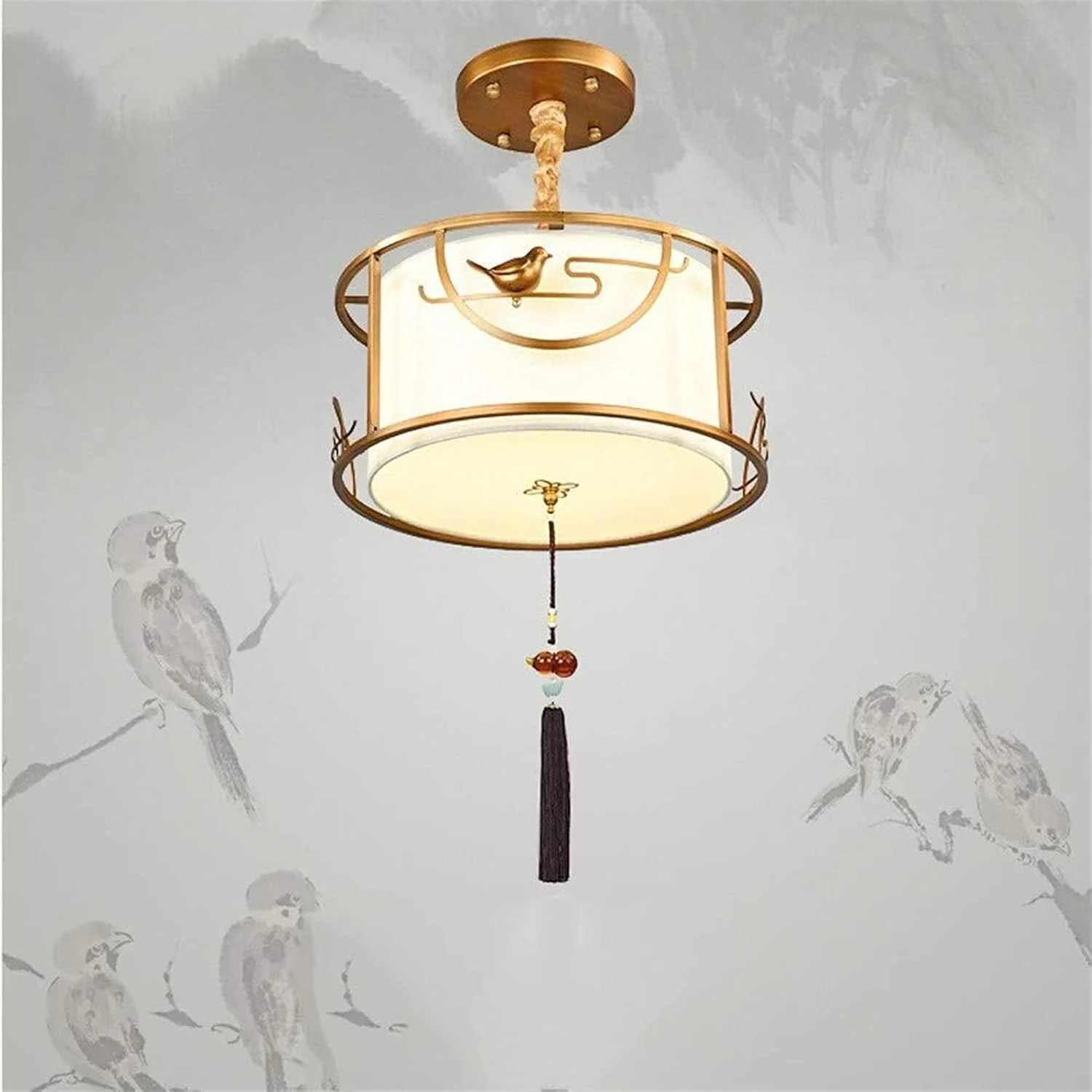 لوستر برنزی/آهنی پارچه ای رستوران چینی، مناسب اتاق نشیمن دایره ای، اتاق خواب اصلی، روشنایی اتاق، 3 عدد لامپ E27، طراحی شیک و ساده