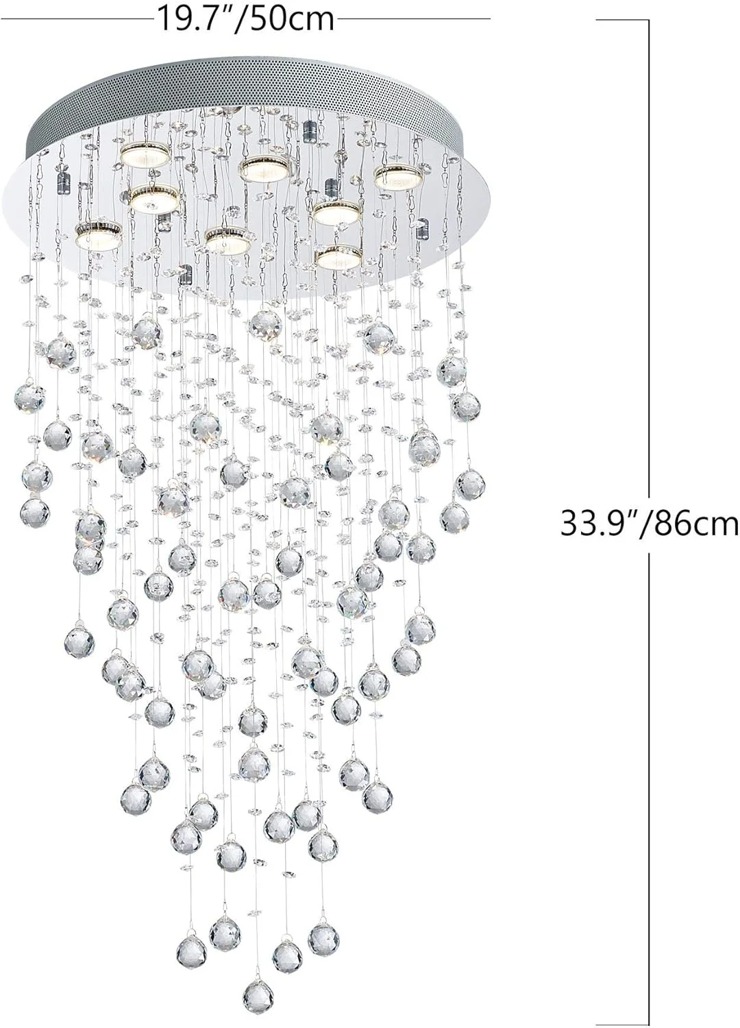 لوستر مدرن کریستالی گرد قطره باران بستیر، چراغ سقفی LED با نصب همسطح، آویز مناسب اتاق ناهارخوری، حمام، اتاق خواب، اتاق نشیمن، نیاز به 8 لامپ GU10، عرض 50 سانتی متر، ارتفاع 86 سانتی متر