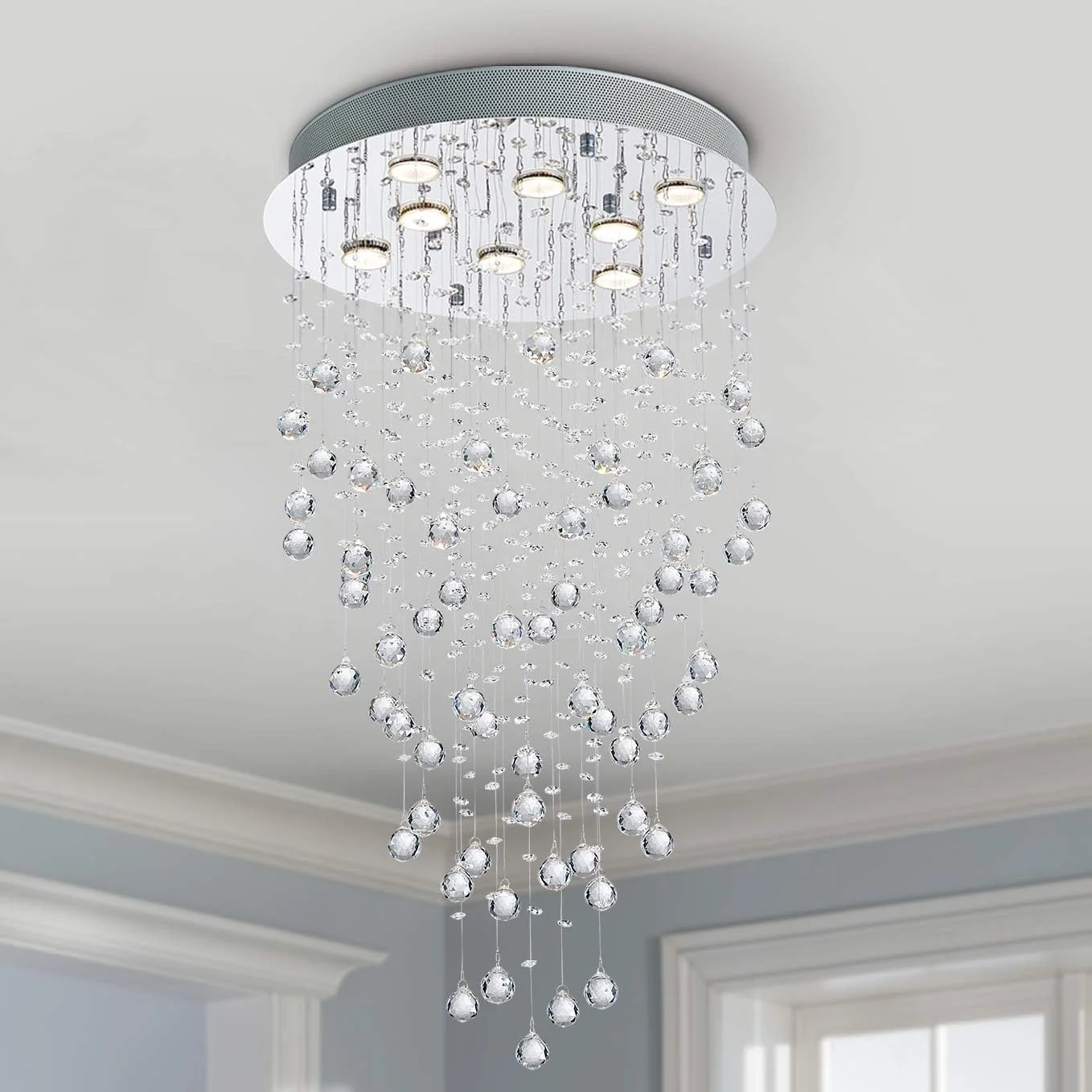 لوستر مدرن کریستالی گرد قطره باران بستیر، چراغ سقفی LED با نصب همسطح، آویز مناسب اتاق ناهارخوری، حمام، اتاق خواب، اتاق نشیمن، نیاز به 8 لامپ GU10، عرض 50 سانتی متر، ارتفاع 86 سانتی متر