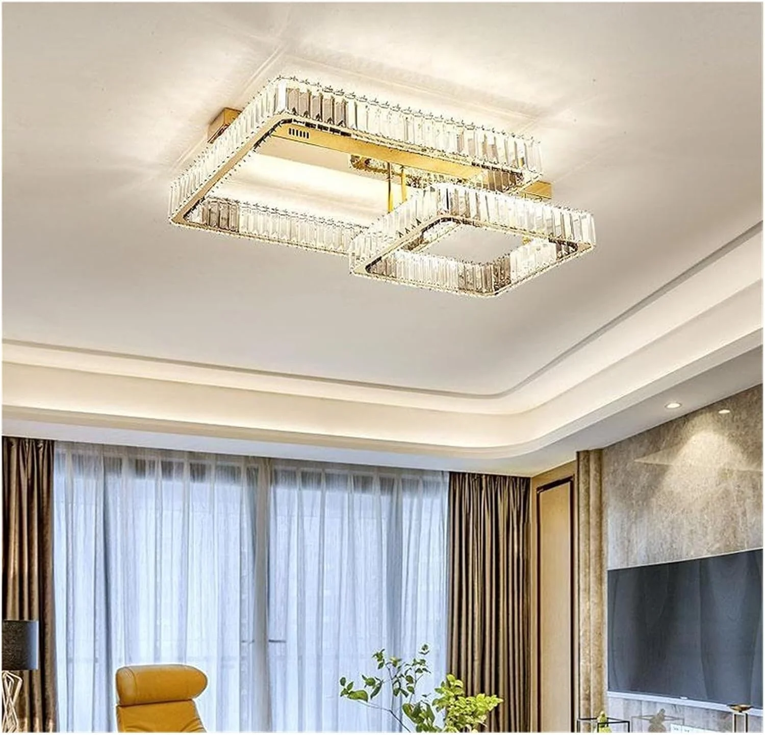 لوستر سقفی مستطیلی مدرن با کنترل از راه دور، لوکس طلایی کریستالی LED برای اتاق نشیمن، اتاق خواب، مطالعه، دکور مدرن، تک رنگ - 60x80 سانتی متر