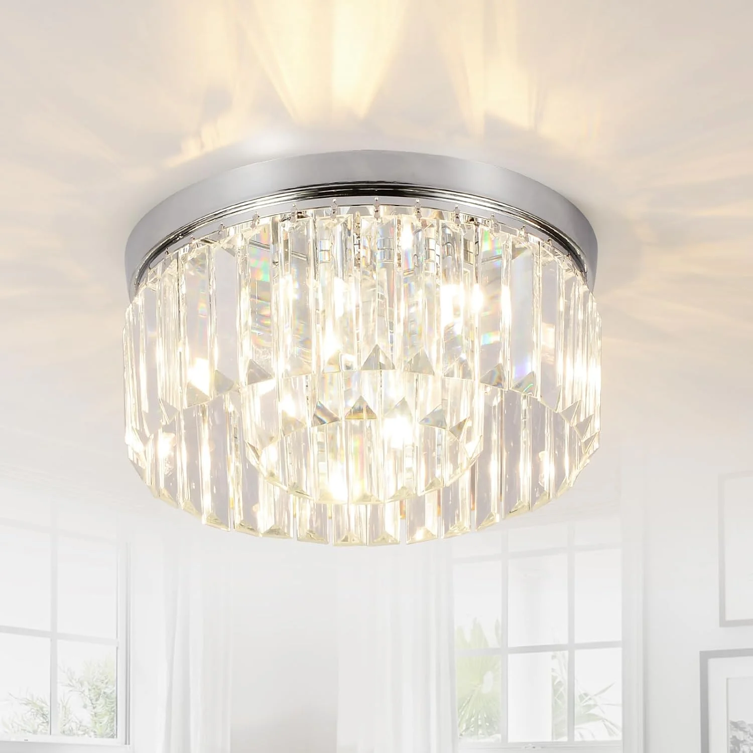لوستر کریستالی مدرن Rayofly، چراغ سقفی 6 لامپی، چراغ سقفی شیشه ای برای اتاق نشیمن، اتاق خواب، آشپزخانه، راهرو - کروم، G9