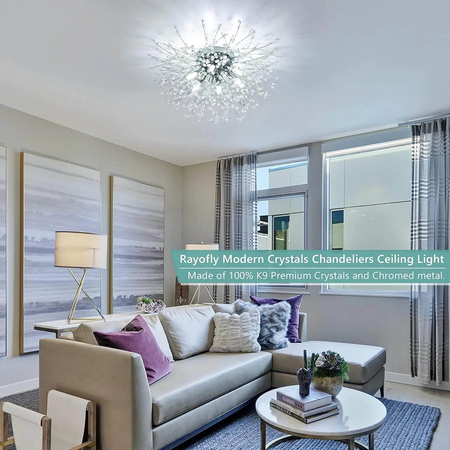 چراغ‌های سقفی کریستالی مدرن Rayofly برای اتاق نشیمن، لوسترهای کرومی آتش بازی با کریستال‌های K9، دارای 6 لامپ LED G9، چراغ‌های آویز سقفی لوستر برای اتاق خواب، اتاق غذاخوری، راهرو