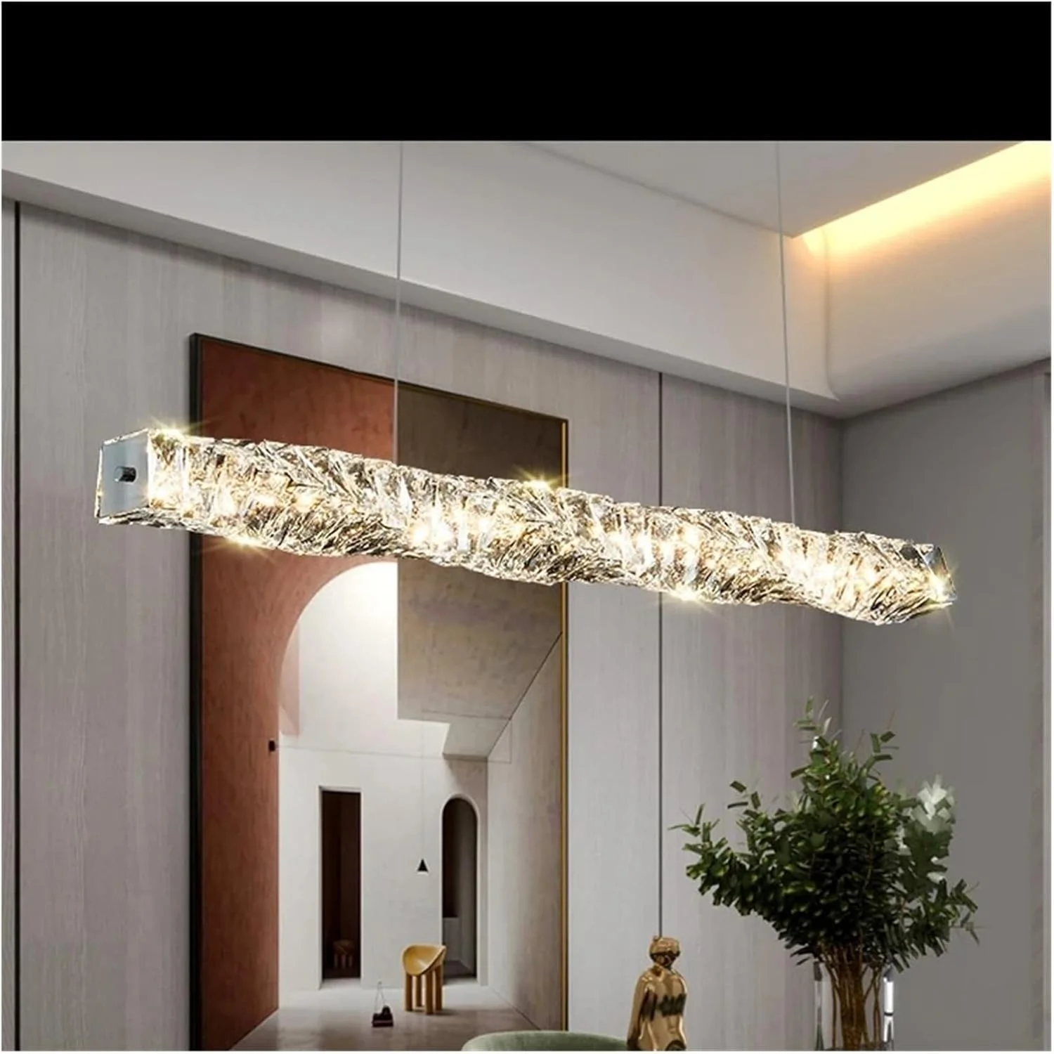 لوستر کریستالی مستطیلی شکل رستورانی، میز بار مدرن، لوکس، طراحی اتاق ناهارخوری، کریستال بلند، دکور مدرن، طلایی - 120 سانتی متر