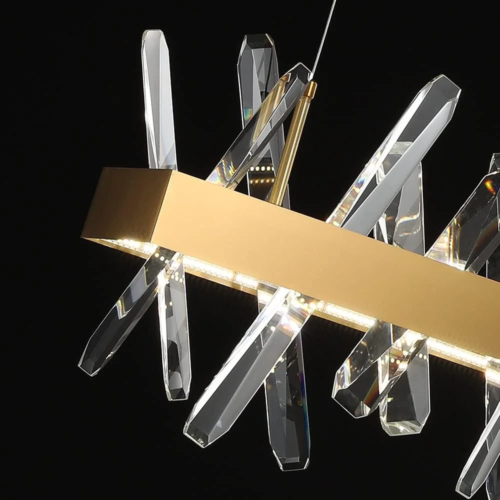 لوستر مستطیلی مدرن کریستالی سازگار با اتاق نشیمن، اتاق غذاخوری، جزیره آشپزخانه، آویز، لوسترهای ال ای دی طلایی، دکور مدرن، L82w12h30cm