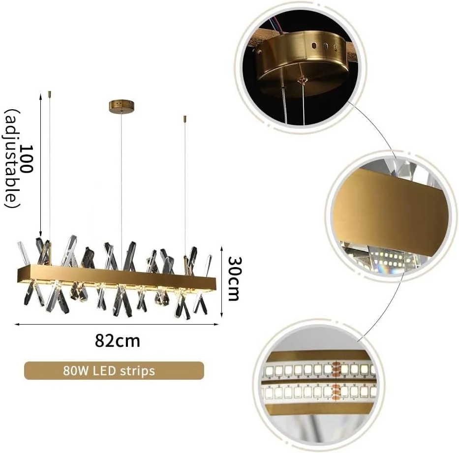 لوستر مستطیلی مدرن کریستالی سازگار با اتاق نشیمن، اتاق غذاخوری، جزیره آشپزخانه، آویز، لوسترهای ال ای دی طلایی، دکور مدرن، L82w12h30cm
