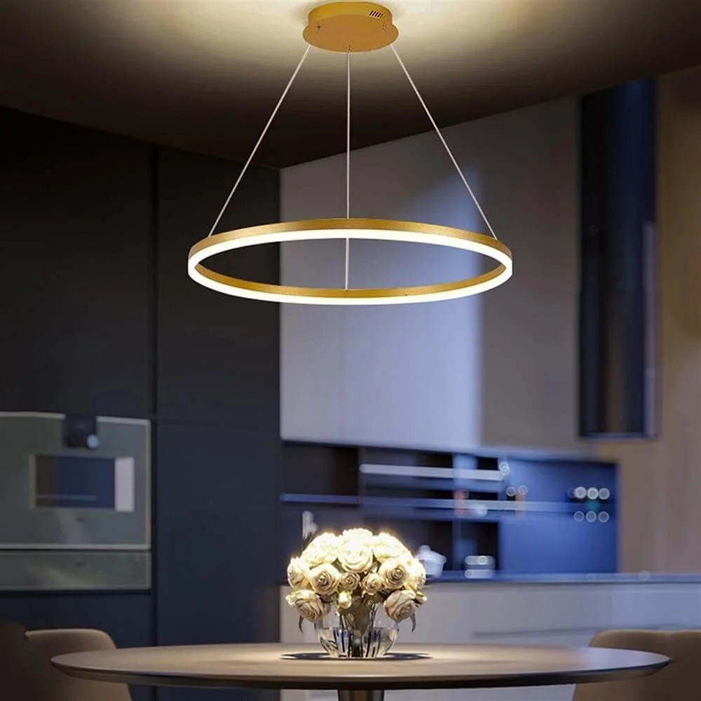 لوستر ال ای دی کم نور شونده رستورانی، حلقه ای مینیمالیستی طلایی، چراغ آویز آکریلیک گرد، اتاق نشیمن، آلومینیومی با کنترل از راه دور، چراغ سقفی، دکور مدرن، تک رنگ - 80 سانتی متر