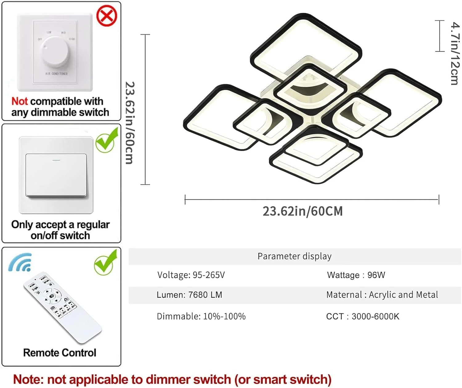چراغ سقفی ال ای دی مدرن Qcyuui، چراغ سقفی دیمر پذیر با ریموت، چراغ سقفی مشکی آکریلیک فلزی قابل تنظیم برای اتاق نشیمن، اتاق خواب، آشپزخانه، دفتر (8 مربع)