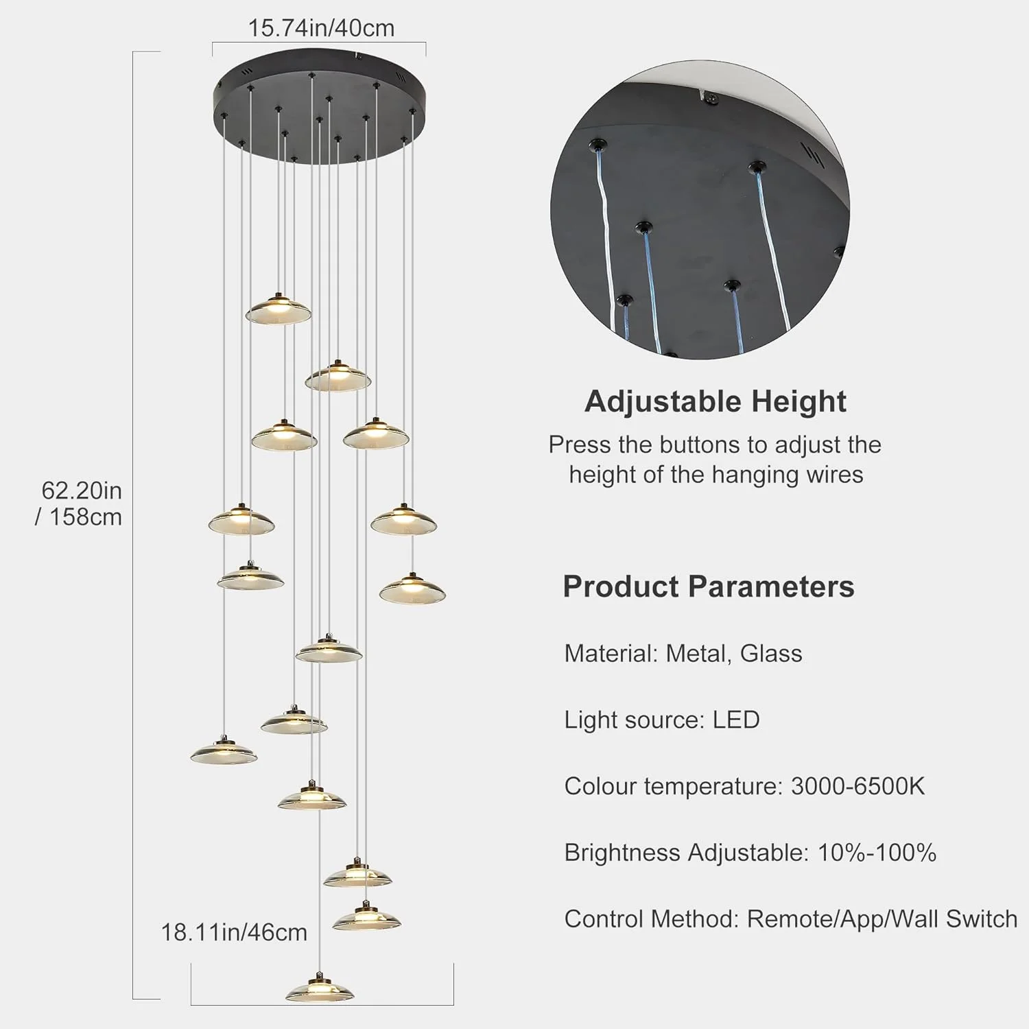 لوسترهای مدرن LED دیمرشدنی Qcyuui برای سقف بلند، چراغ آویز سقفی شیشه ای 15 شاخه با ریموت، لوستر بزرگ 80 واتی چراغ آویز داخلی برای راه پله ورودی ویلا