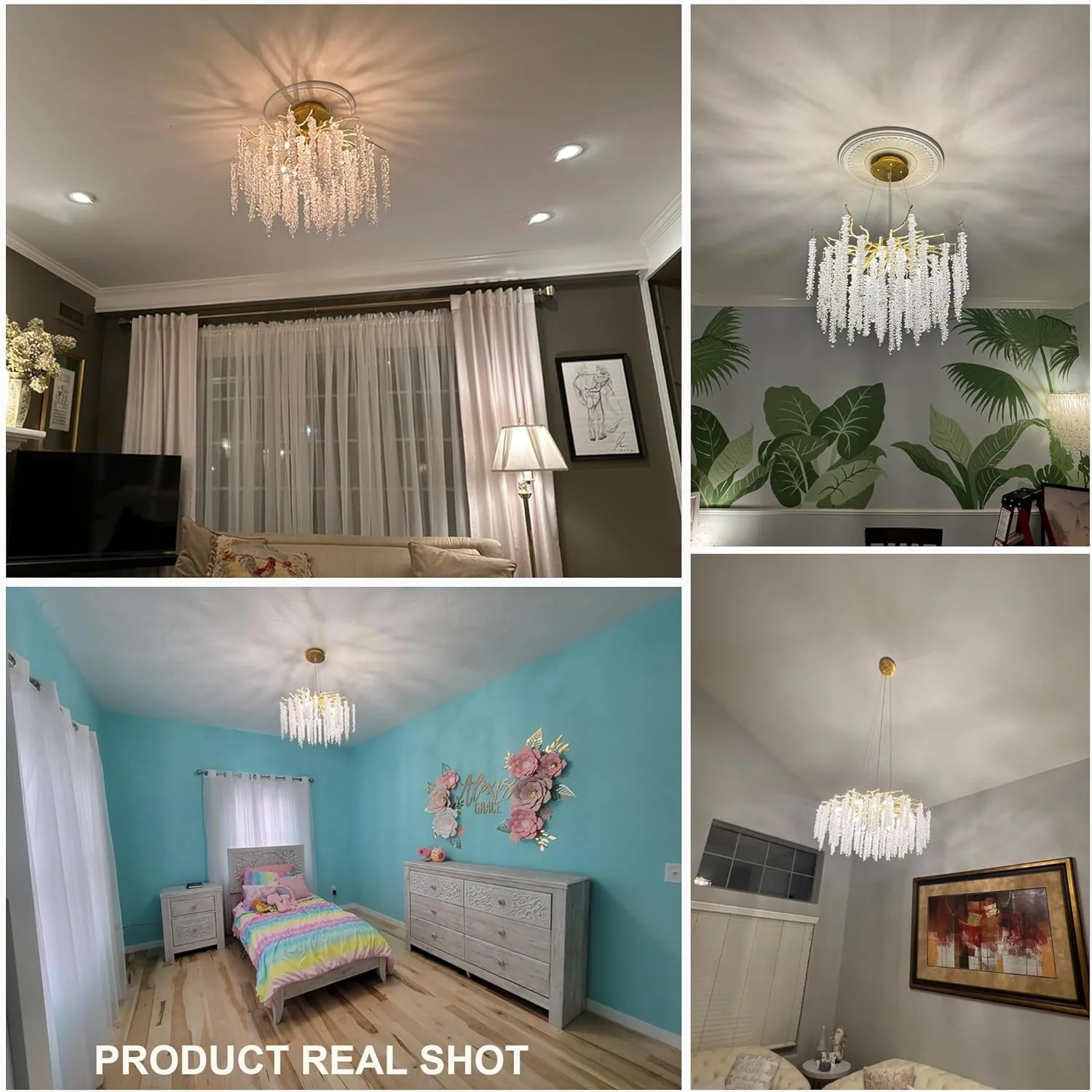 لوستر شاخه درختی کریستالی Puvaue، طلایی، لوکس، گرد، چراغ آویز قطره باران، 9 شعله، چراغ آویز سقفی منگوله دار مناسب اتاق ناهارخوری، اتاق خواب، اتاق نشیمن، ورودی، 23.7 اینچ