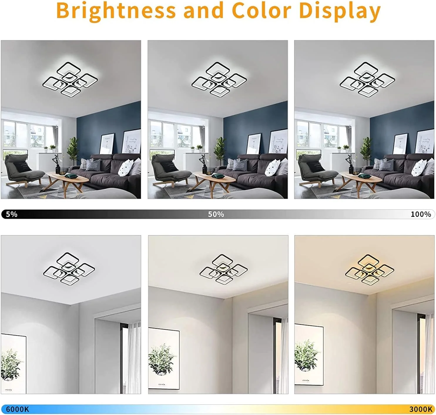 چراغ سقفی ال ای دی مدرن Qcyuui، چراغ سقفی دیمر پذیر با ریموت، چراغ سقفی مشکی آکریلیک فلزی قابل تنظیم برای اتاق نشیمن، اتاق خواب، آشپزخانه، دفتر (8 مربع)