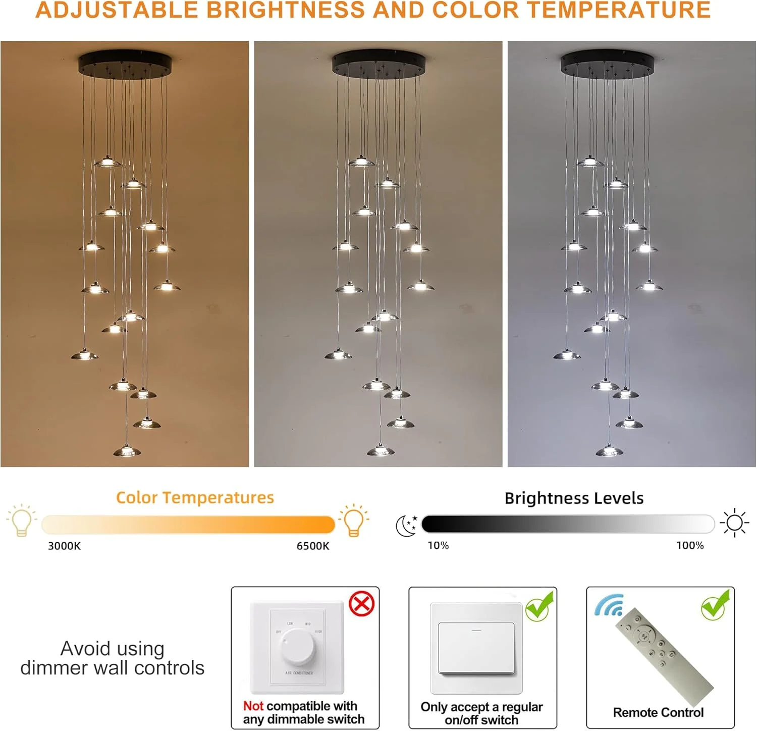 لوسترهای مدرن LED دیمرشدنی Qcyuui برای سقف بلند، چراغ آویز سقفی شیشه ای 15 شاخه با ریموت، لوستر بزرگ 80 واتی چراغ آویز داخلی برای راه پله ورودی ویلا