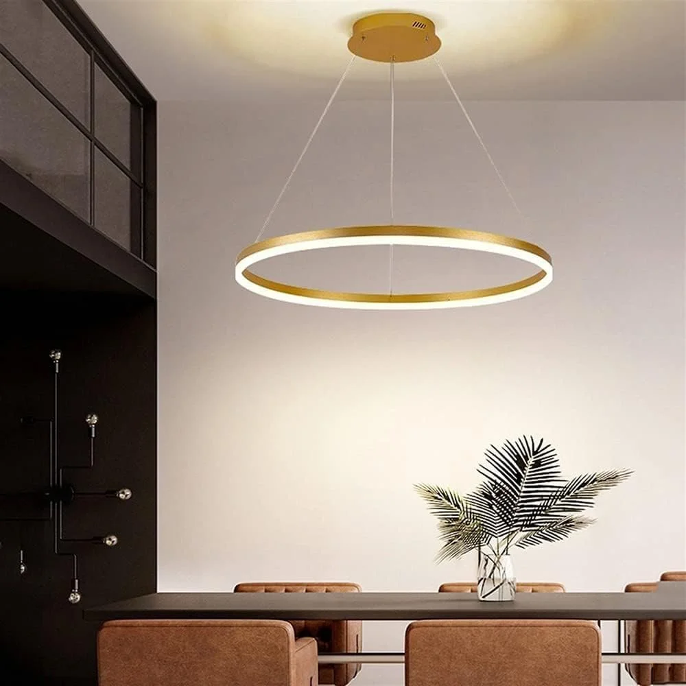 لوستر ال ای دی رستورانی دیمر دار حلقه ای مینیمال طلایی چراغ آویز آکریلیک گرد اتاق نشیمن آلومینیومی کنترل از راه دور لامپ سقفی، دکور مدرن، تک رنگ - 60 سانتی متر