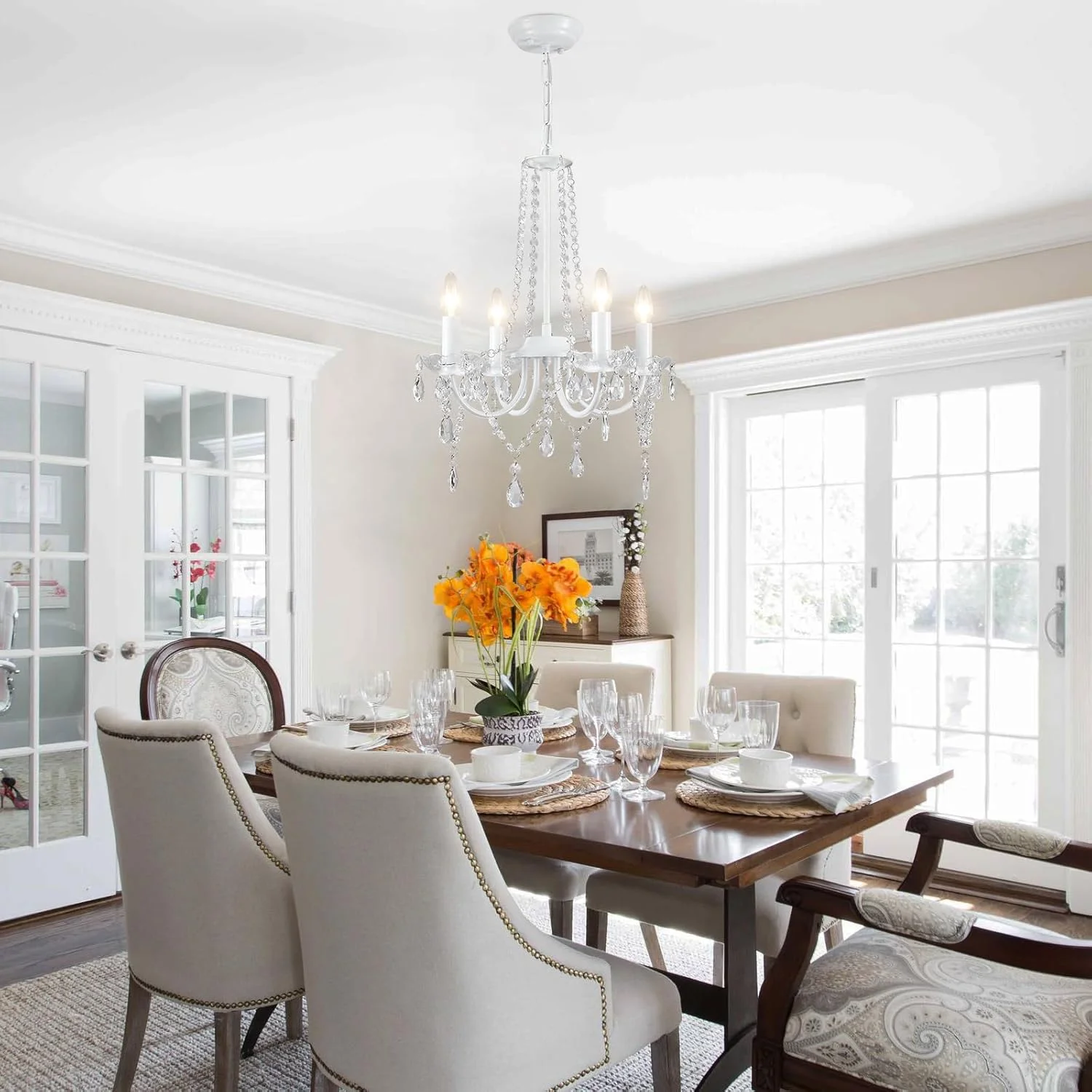 لوستر کریستالی QAREHL، چراغ آویز سقفی وینتیج E14 سفید برای اتاق نشیمن، اتاق غذاخوری، اتاق خواب