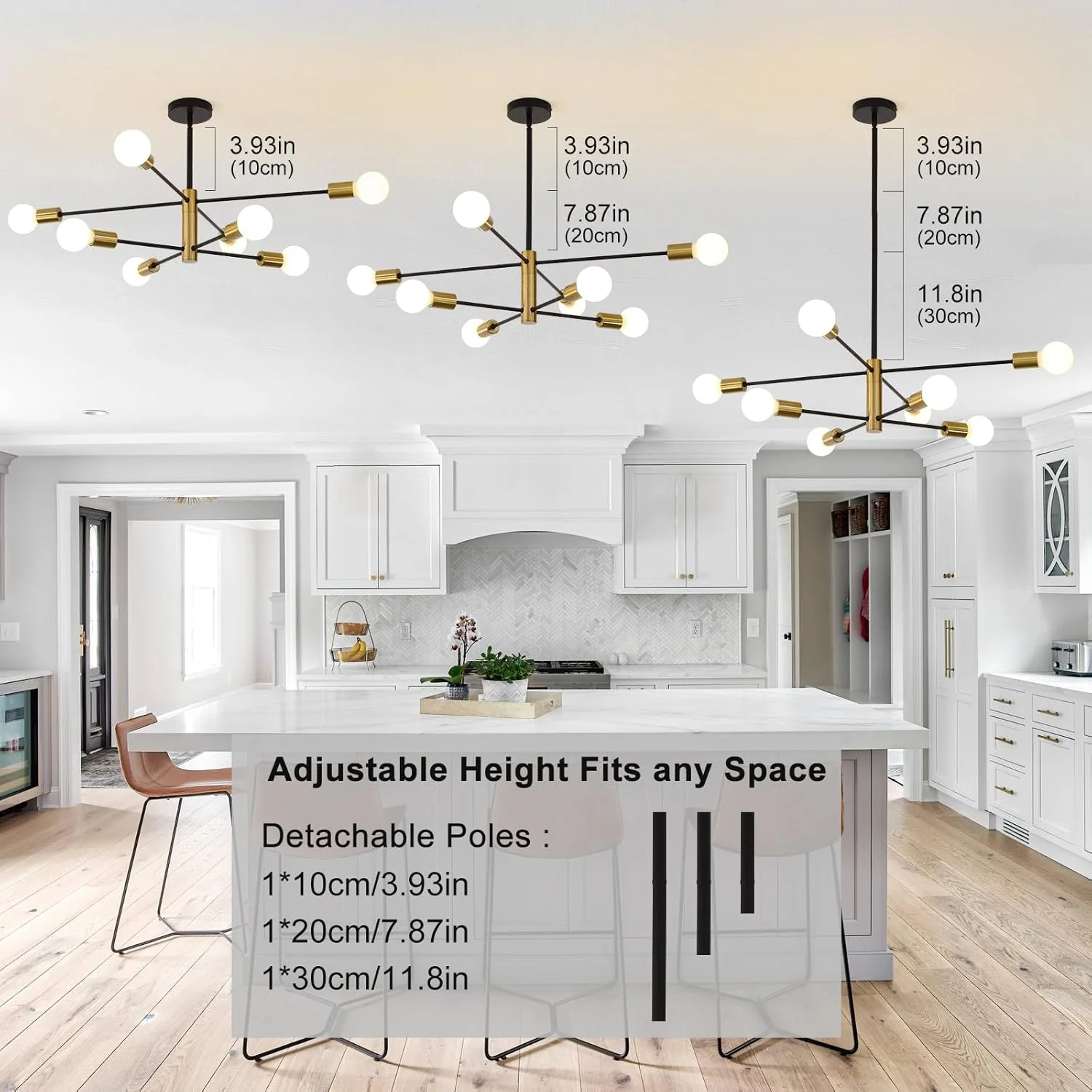 لوستر آویز اسپوتنیک Qcyuui، لوستر سقفی مدرن، روشنایی 8 شاخه، چراغ آویز صنعتی قابل تنظیم مشکی+طلایی برای اتاق نشیمن، اتاق غذاخوری، اتاق خواب، آشپزخانه (لامپ های E27 شامل نمی شوند)