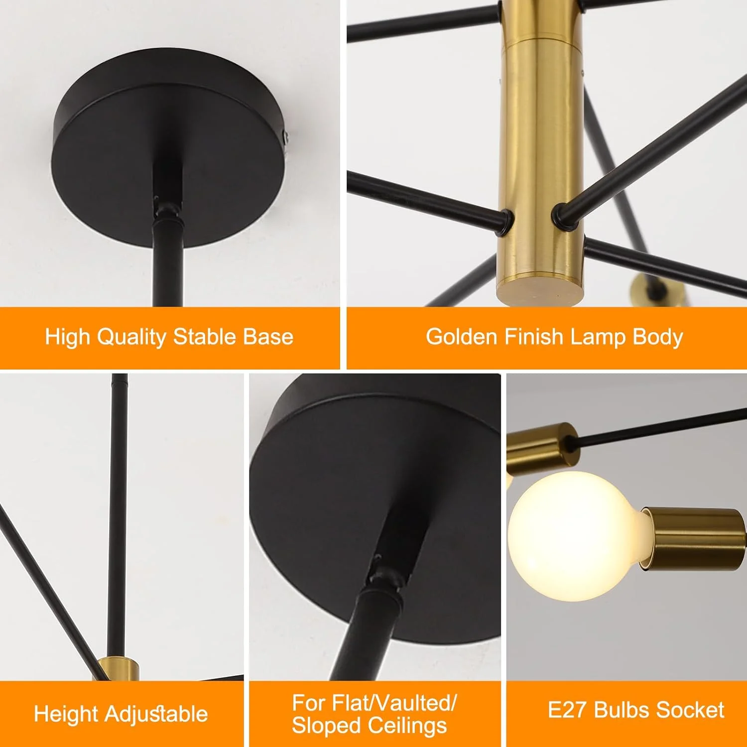لوستر آویز اسپوتنیک Qcyuui، لوستر سقفی مدرن، روشنایی 8 شاخه، چراغ آویز صنعتی قابل تنظیم مشکی+طلایی برای اتاق نشیمن، اتاق غذاخوری، اتاق خواب، آشپزخانه (لامپ های E27 شامل نمی شوند)