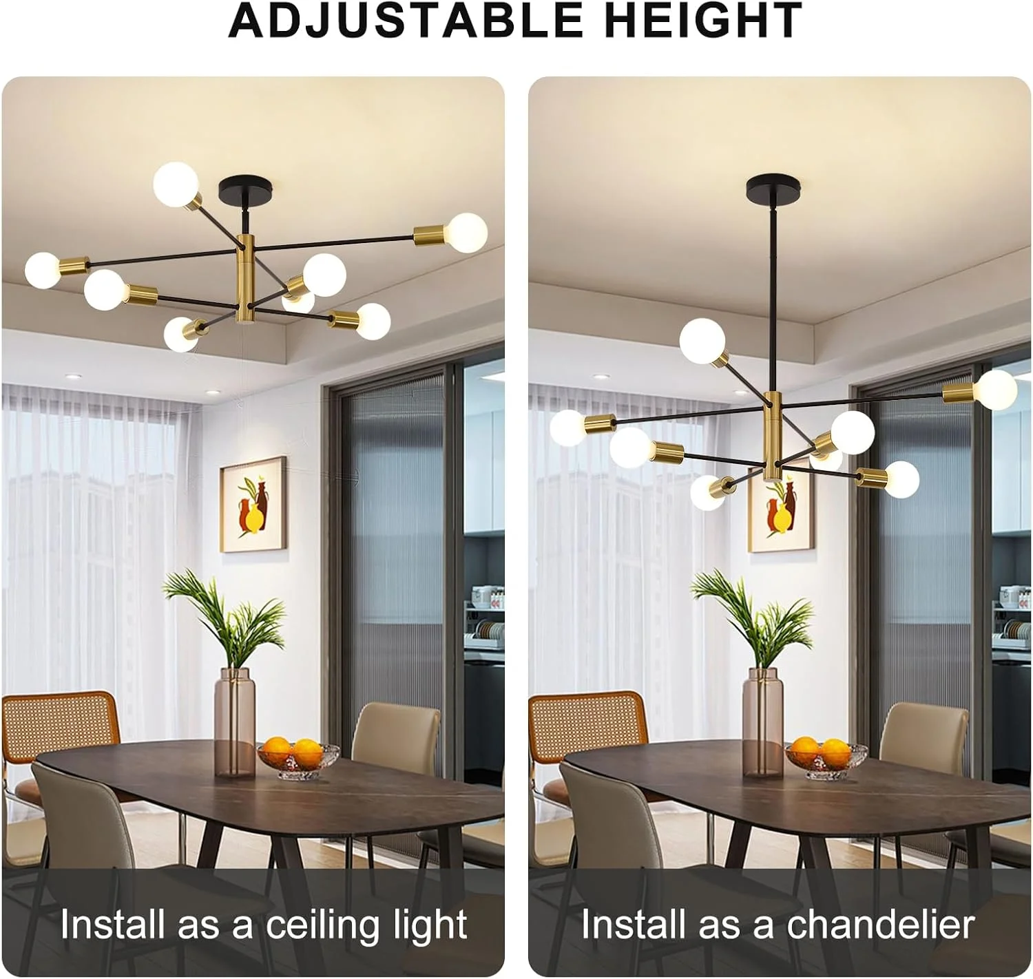 لوستر آویز اسپوتنیک Qcyuui، لوستر سقفی مدرن، روشنایی 8 شاخه، چراغ آویز صنعتی قابل تنظیم مشکی+طلایی برای اتاق نشیمن، اتاق غذاخوری، اتاق خواب، آشپزخانه (لامپ های E27 شامل نمی شوند)