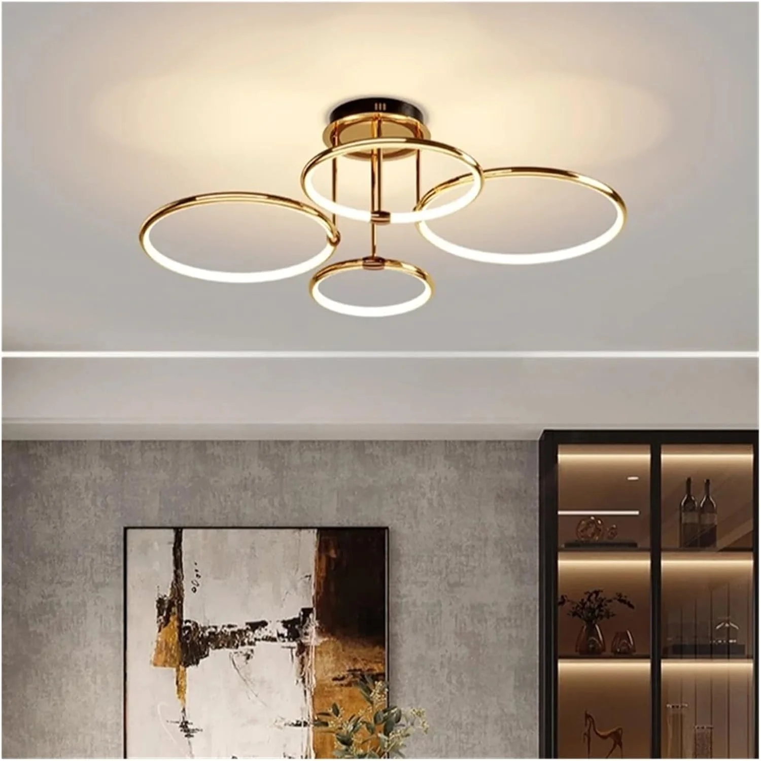 لوستر ال ای دی طلایی پست مدرن طرح حلقه ای - دکوراسیون منزل، روشنایی اتاق نشیمن، چراغ آویز اتاق خواب، دکور مدرن، تک رنگ - 4 شاخه