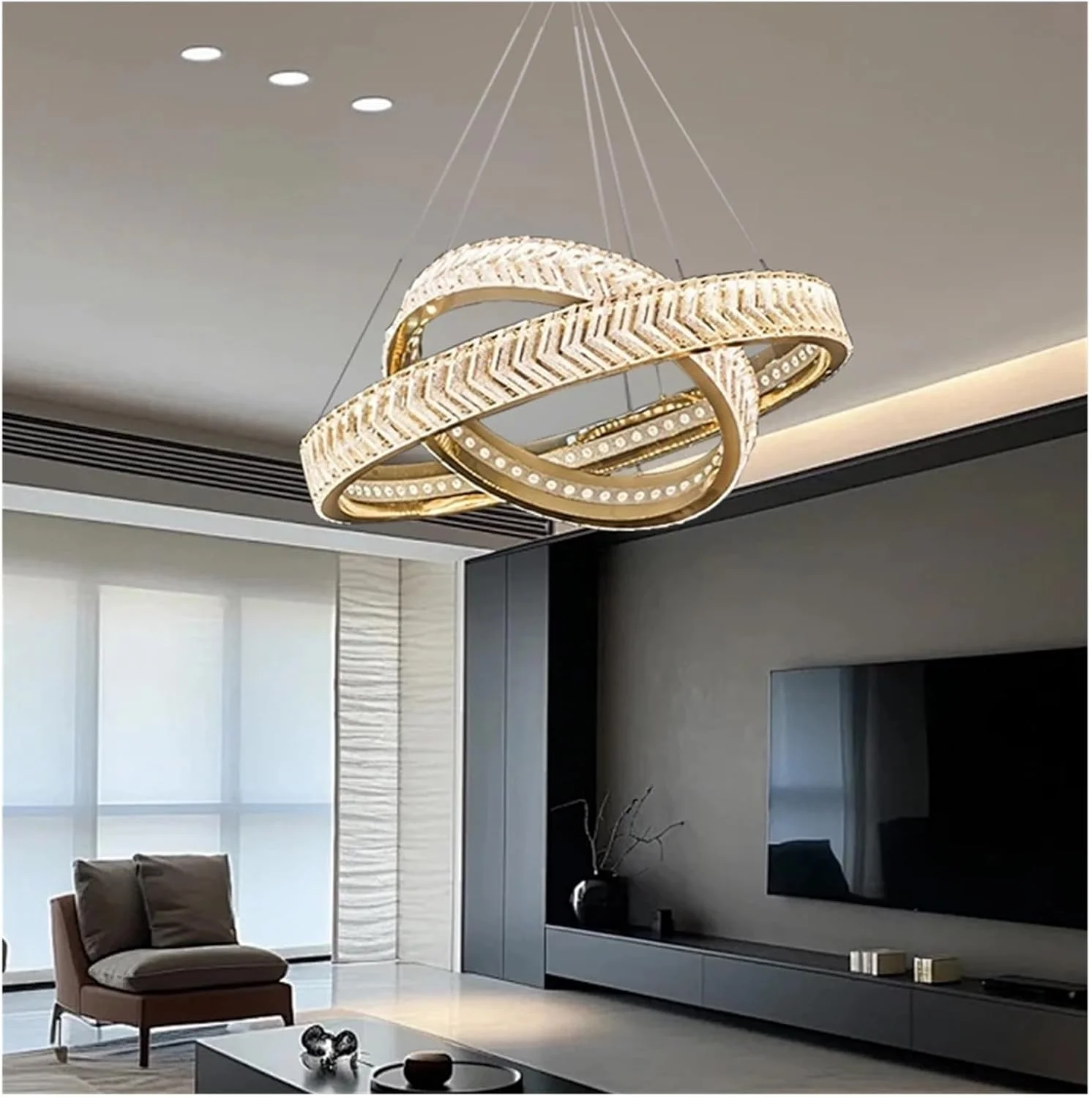 لوستر آویز مدرن گرد، نورپردازی لوکس، طلایی مناسب سقف، دکوراسیون اتاق نشیمن، نور طبیعی - 80+100 سانتی متر