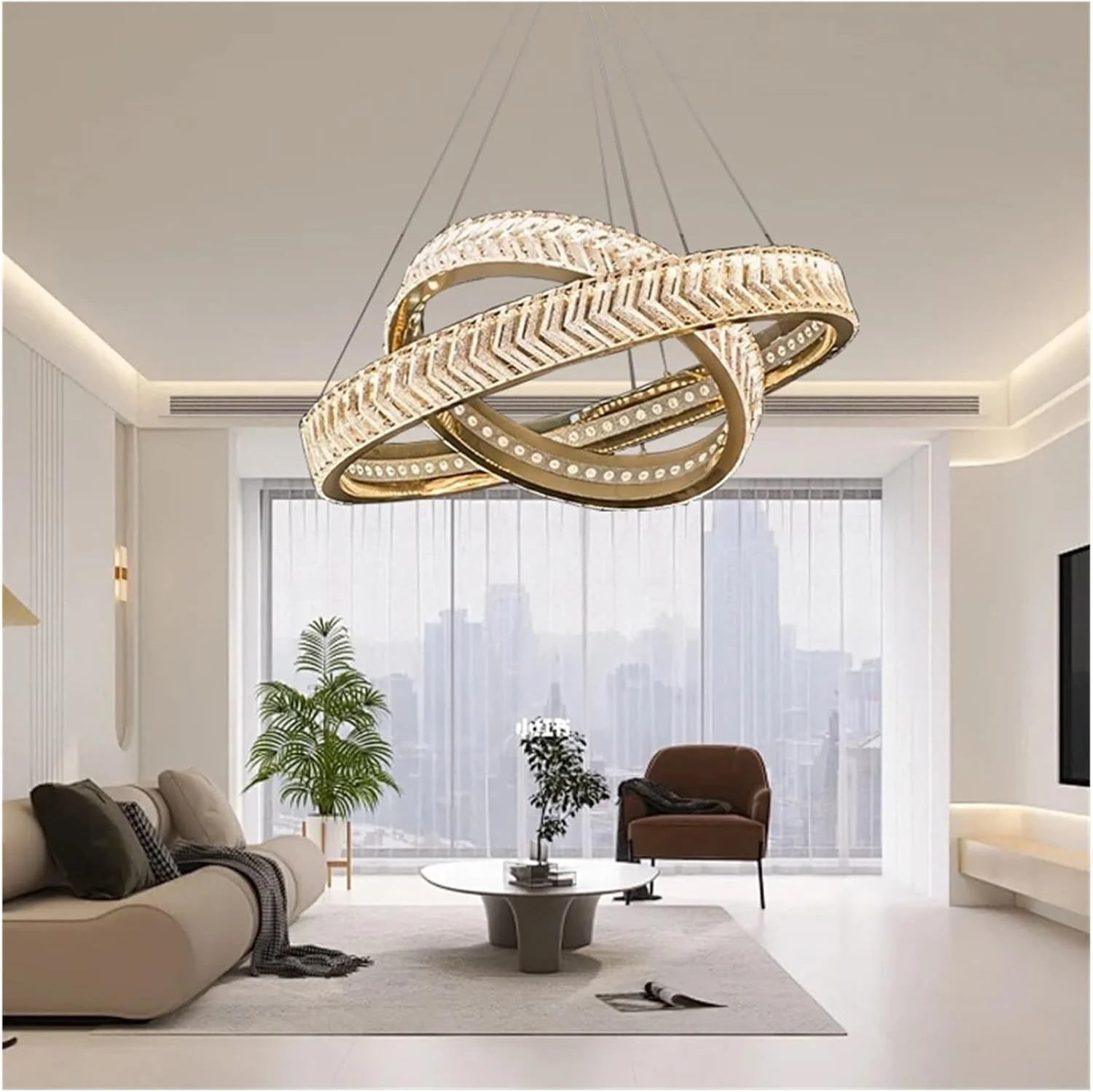 لوستر آویز گرد پُست‌مدرن، لوکس، طلایی رنگ برای دکوراسیون اتاق نشیمن، نور مدرن، نور گرم - 60+40 سانتی‌متر