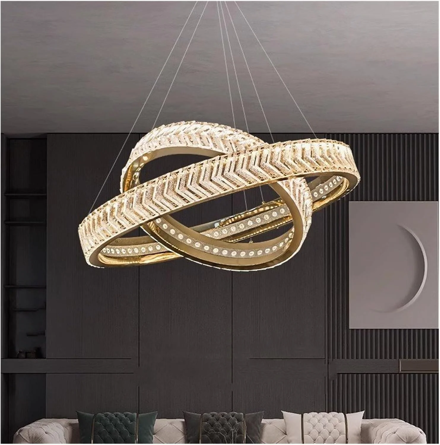 لوستر آویز گرد پُست مدرن، لوکس، طلایی مناسب برای دکوراسیون اتاق نشیمن، نورپردازی مدرن، قابلیت تنظیم نور - 60+80 سانتی متر