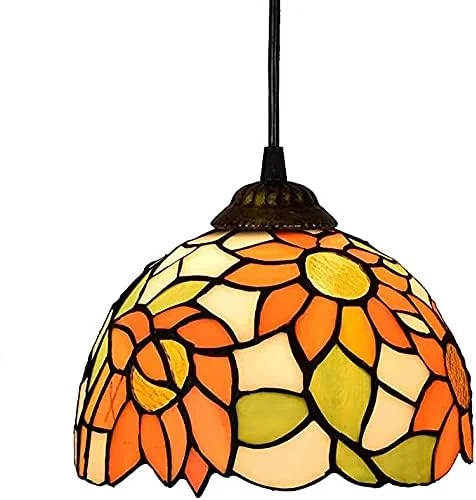 چراغ آویز طرح تیفانی، آفتابگردان نارنجی، لوستر شیشه ای رنگی 8 اینچی، چراغ روشنایی، چراغ آویز طرح تیفانی، چراغ آویز