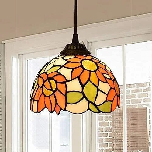 چراغ آویز طرح تیفانی، آفتابگردان نارنجی، لوستر شیشه ای رنگی 8 اینچی، چراغ روشنایی، چراغ آویز طرح تیفانی، چراغ آویز
