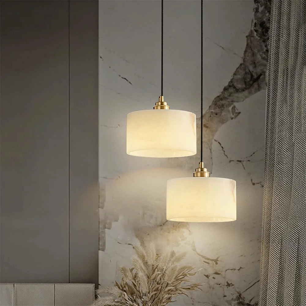 چراغ آویز طلایی مدرن سازگار با جزیره آشپزخانه، چراغ آویز استوانه ای مرمر، لوستر E14 برای اتاق نشیمن