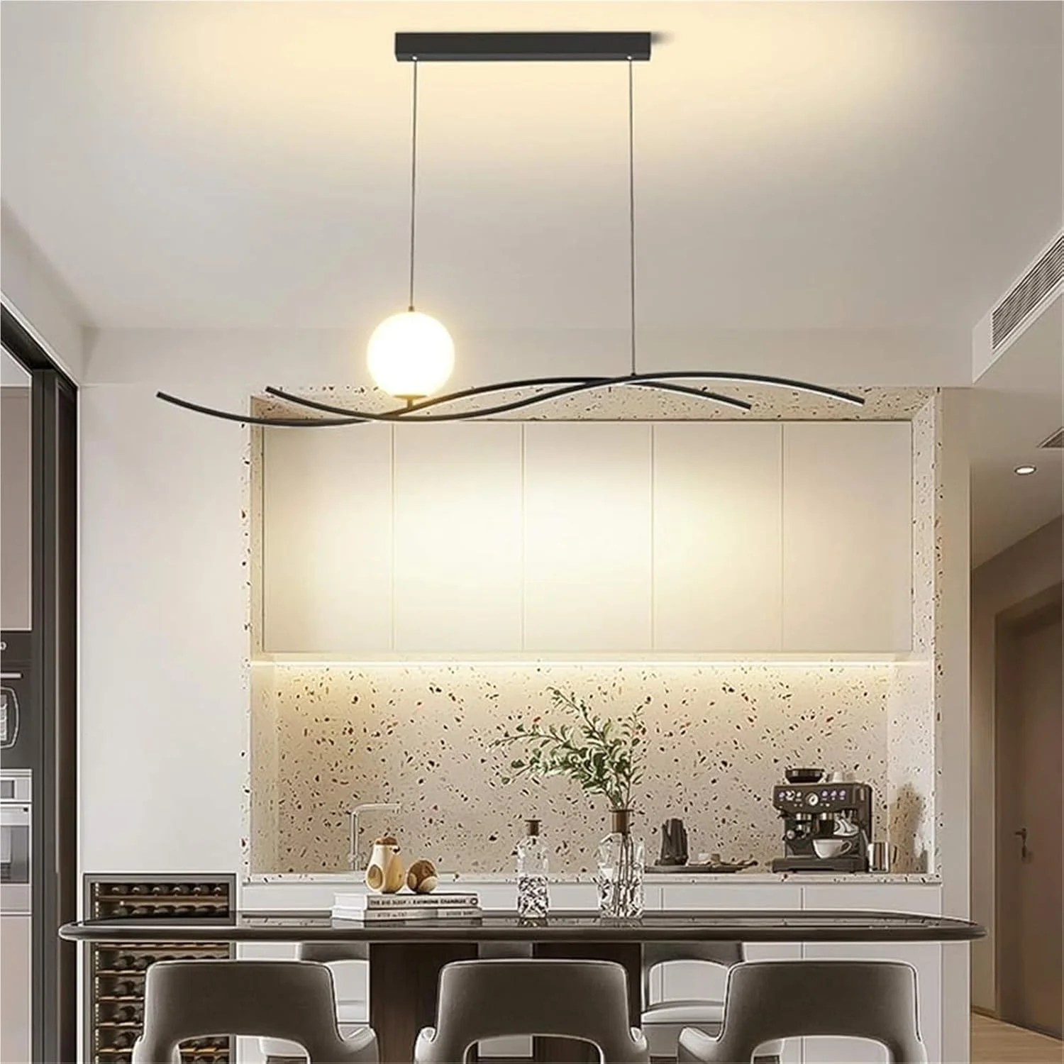 چراغ آویز خطی فلزی مشکی، لوستر موجی خلاقانه و دیمر دار برای اتاق نشیمن، آشپزخانه و غذاخوری