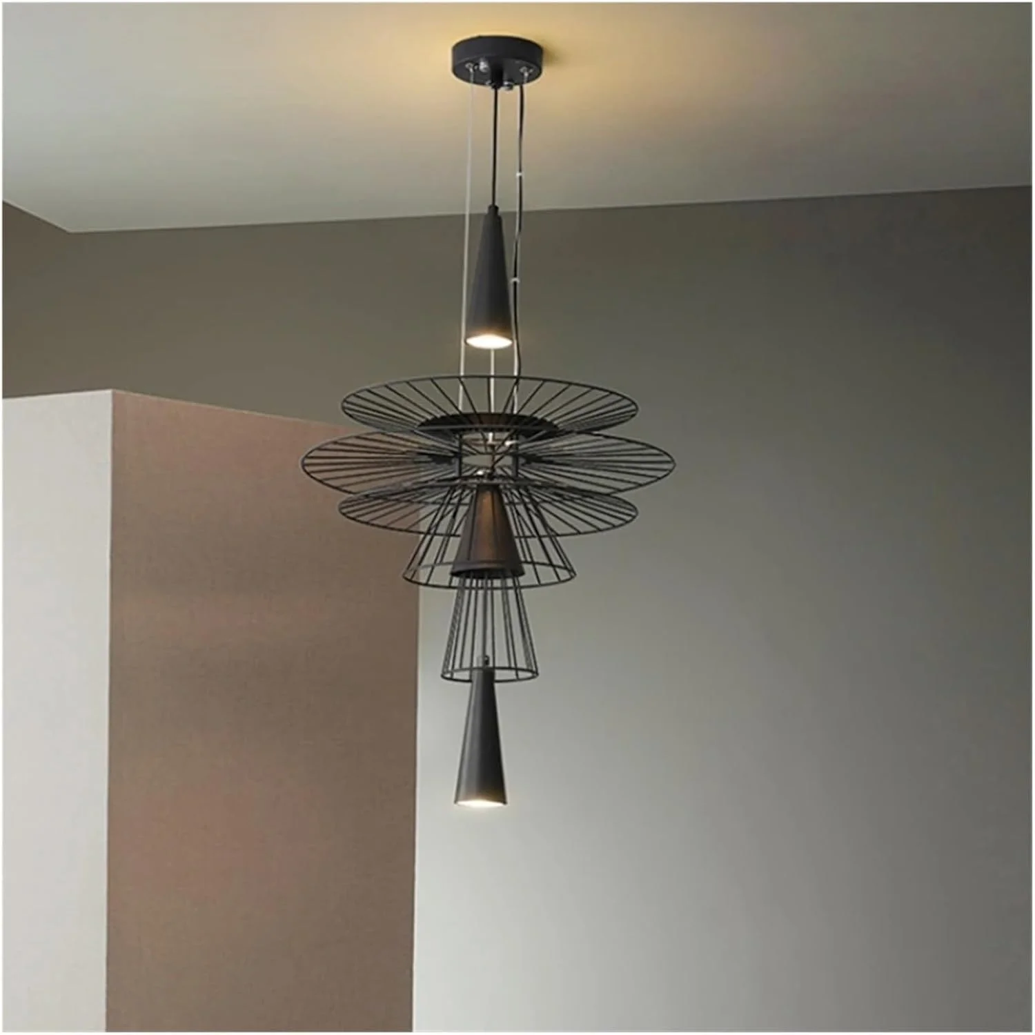 لوستر آویز چراغ نقطه ای چند لایه توری آهن فرفورژه با طراحی مدرن، مناسب برای دکوراسیون هنری اتاق غذاخوری، چراغ LED، تک رنگ - قطر 60 سانتی متر