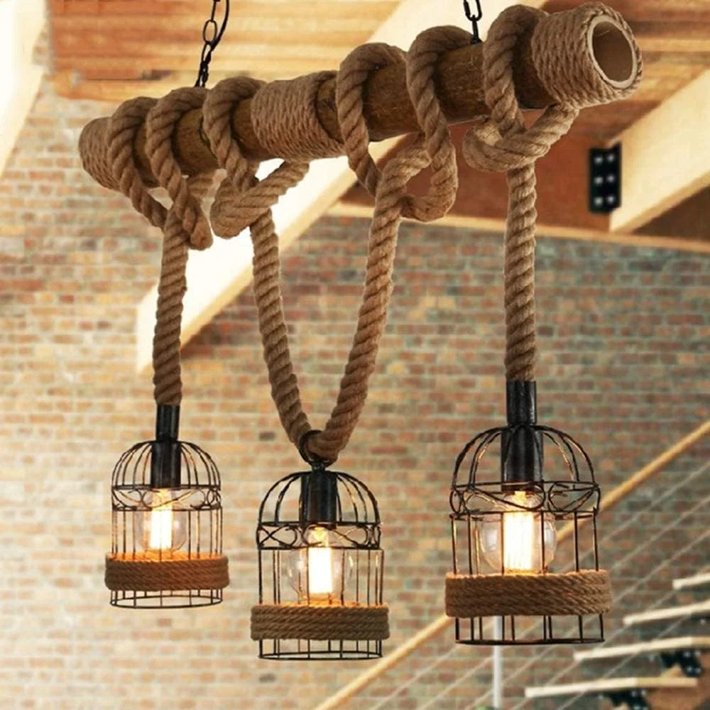 چراغ آویز جزیره ای قفس پرنده صنعتی نکست لایف، 3 چراغ، سبک فانوسی با قاب قفس طنابی، لوستر آویز سقفی دکوراسیون چوبی وینتیج برای اتاق غذاخوری، کافه، بار، رستوران