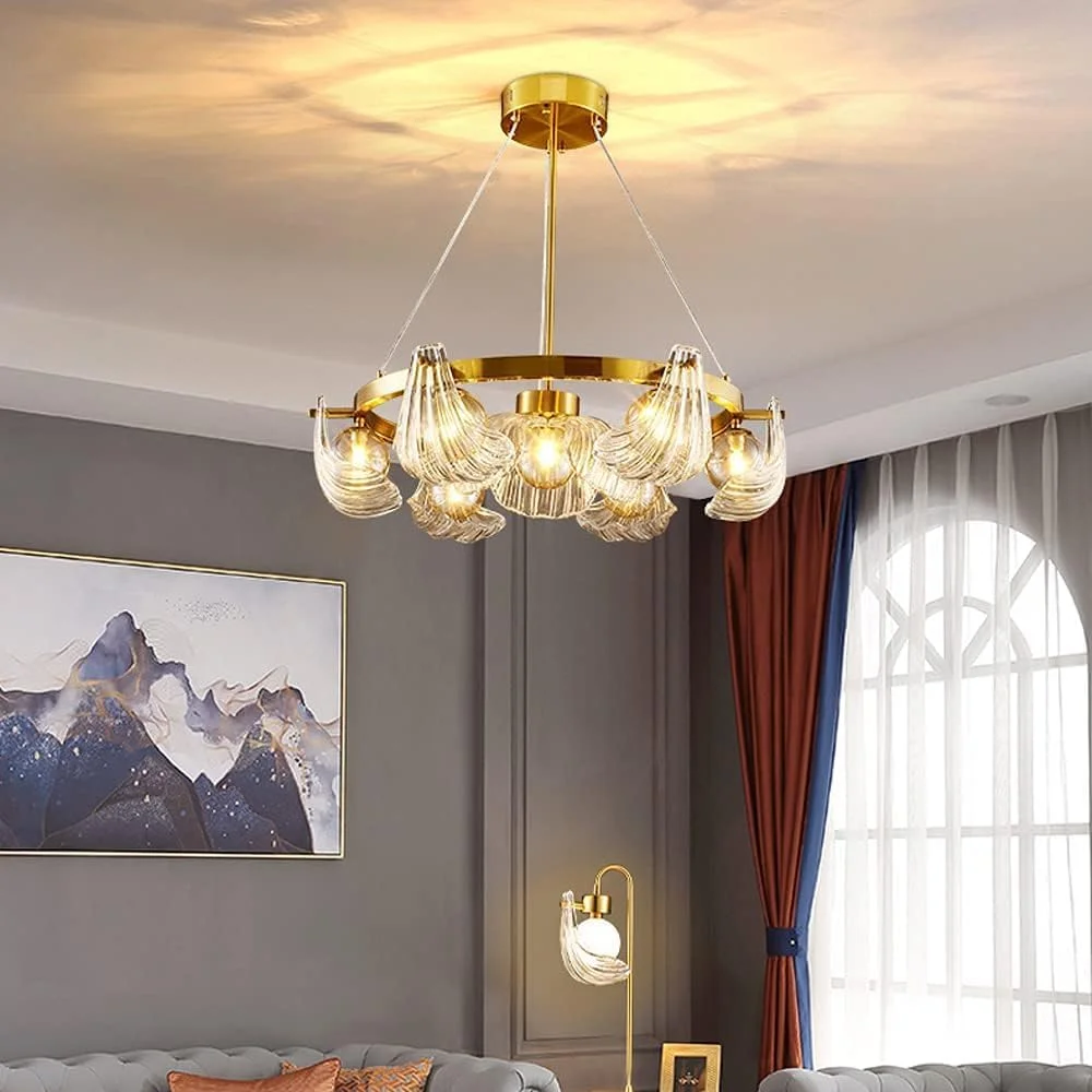 لوستر پوسته‌ای اروپای شمالی، چراغ‌های آویز کریستالی ال‌ای‌دی مدرن برای اتاق ناهارخوری، اتاق خواب، چراغ‌های آویز سه رنگ قابل تنظیم، دکور مدرن، طلایی - 7 چراغ