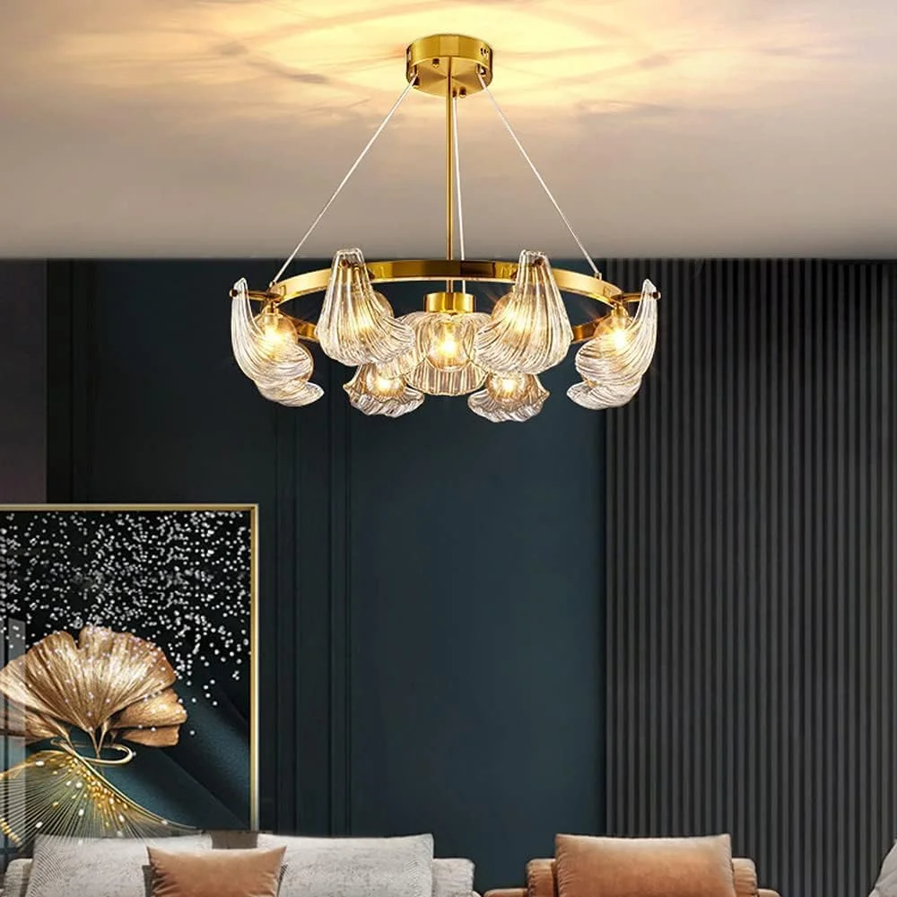 لوستر مدرن شل اروپای شمالی اتاق ناهارخوری اتاق خواب چراغ های آویز شیشه ای کریستالی ال ای دی اتاق ناهارخوری چراغ های آویز مد روز سه رنگ نورپردازی اتاق مطالعه، دکور مدرن، طلایی - 9 چراغ