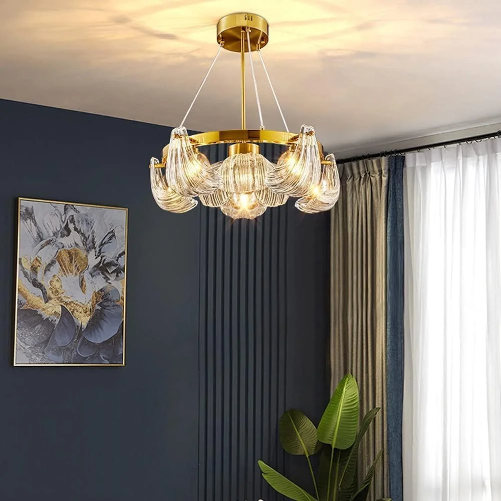 لوستر پوسته‌ای اروپای شمالی، چراغ‌های آویز کریستالی ال‌ای‌دی مدرن برای اتاق ناهارخوری، اتاق خواب، چراغ‌های آویز سه رنگ قابل تنظیم، دکور مدرن، طلایی - 7 چراغ