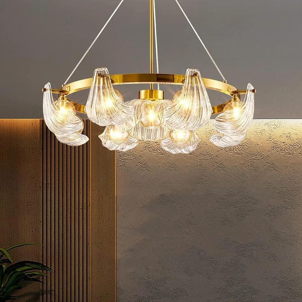 لوستر مدرن شل اروپای شمالی اتاق ناهارخوری اتاق خواب چراغ های آویز شیشه ای کریستالی ال ای دی اتاق ناهارخوری چراغ های آویز مد روز سه رنگ نورپردازی اتاق مطالعه، دکور مدرن، طلایی - 9 چراغ