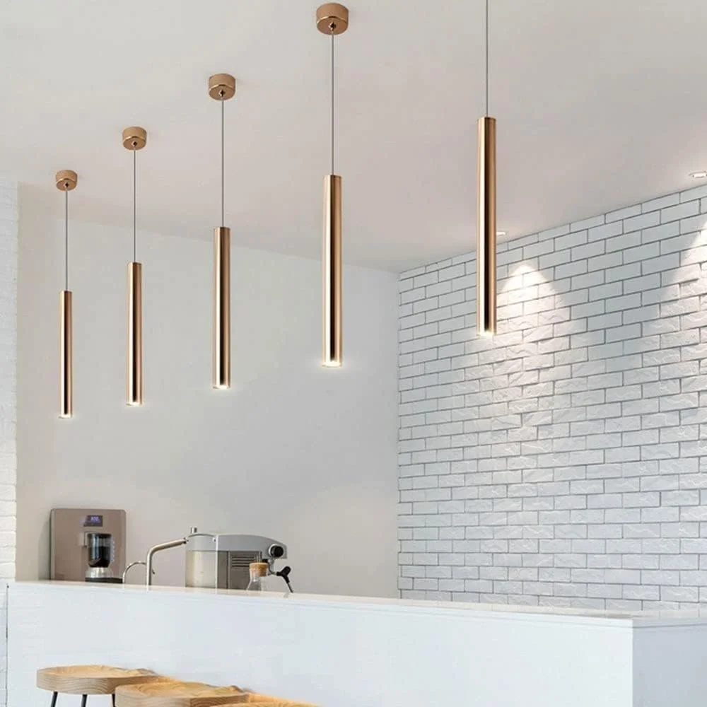چراغ آویز لوله ای بلند LED طلایی نوردیک - چراغ آویز آلومینیومی قابل تنظیم برای اتاق خواب و نورپردازی داخلی (3000k، 40CM)