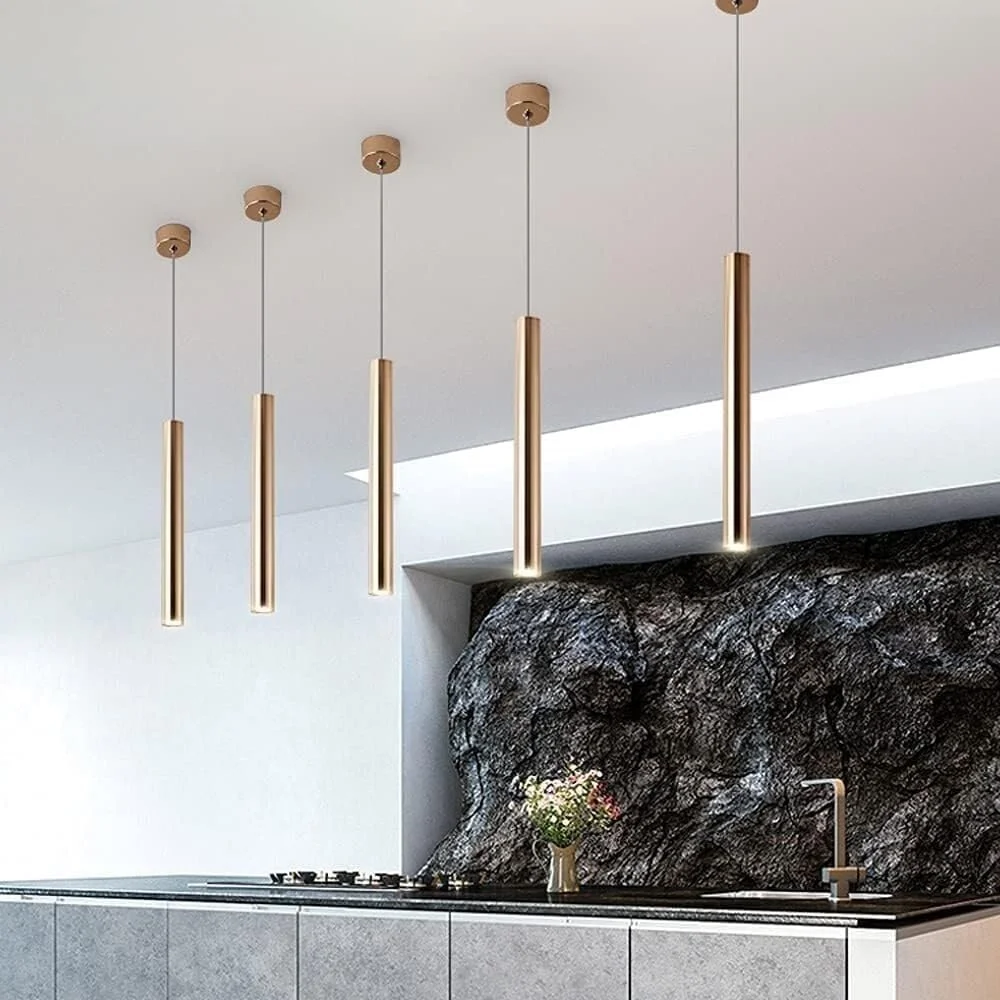 چراغ آویز لوله ای بلند LED طلایی نوردیک - چراغ آویز آلومینیومی قابل تنظیم برای اتاق خواب و نورپردازی داخلی (3000k، 40CM)
