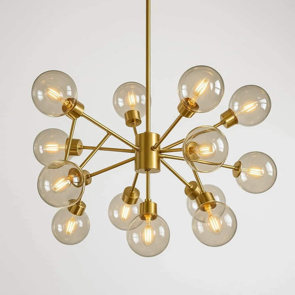 لوستر مدرن اسپوتنیک با 15 حباب شیشه ای - روکش طلایی، چراغ سقفی اواسط قرن برای اتاق ناهار خوری، اتاق نشیمن، آشپزخانه یا ورودی