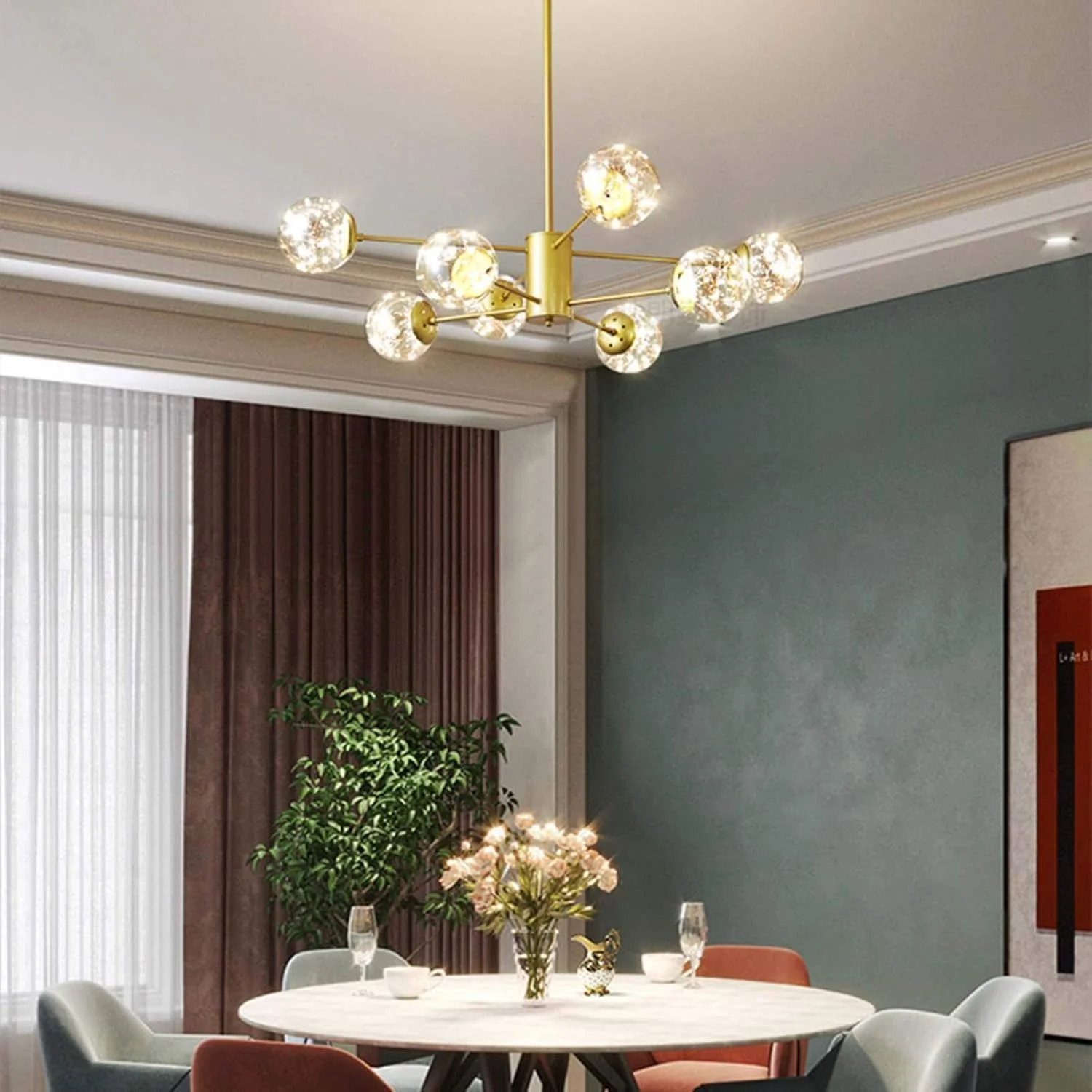 لوستر مدرن اسپوتنیک با 15 حباب شیشه ای - روکش طلایی، چراغ سقفی اواسط قرن برای اتاق ناهار خوری، اتاق نشیمن، آشپزخانه یا ورودی