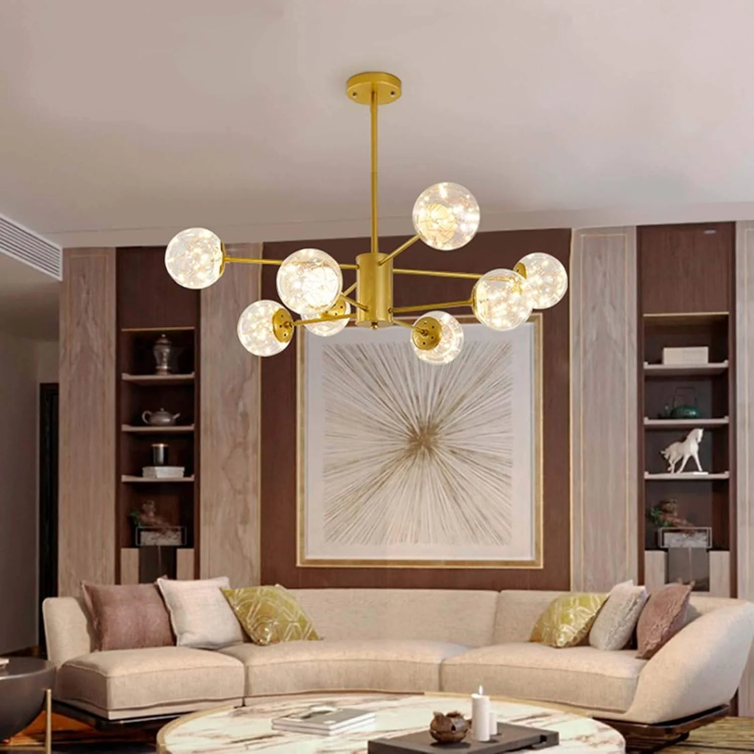 لوستر مدرن اسپوتنیک با 15 حباب شیشه ای - روکش طلایی، چراغ سقفی اواسط قرن برای اتاق ناهار خوری، اتاق نشیمن، آشپزخانه یا ورودی