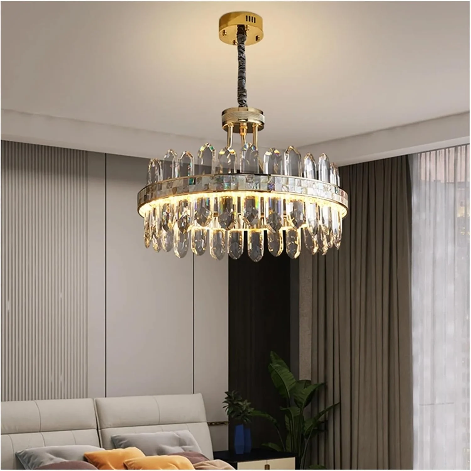 لوستر کریستالی مدرن، روشنایی اتاق نشیمن، اتاق غذاخوری، دکوراسیون منزل، لوستر ال ای دی طلایی گرد و بلند، دکور مدرن، تک رنگ - 75 سانتی متر
